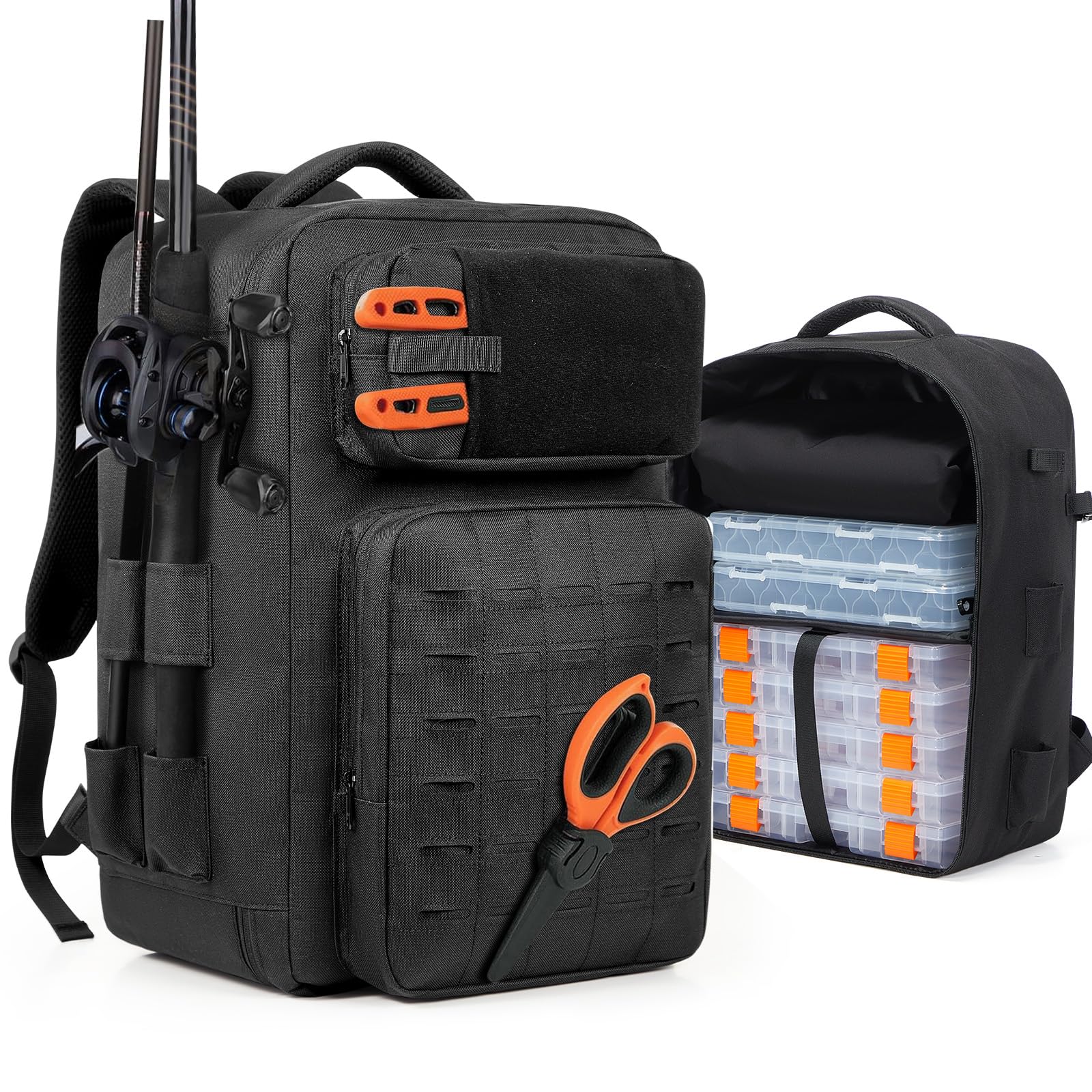 WEFLIER Mochilas de Pesca, Bolsos de Equipos de Con Accesorios de Pesca Con Palos de, Bolsos de Viaje Con Bolsas de Almacenamiento 48l, Caza de Campamento, Camping, Trekking, Negro