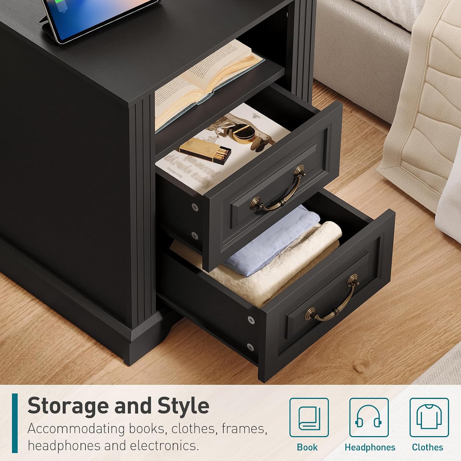 RALGEND Farmhouse Nightstand with Charging Station, Night Stand with 2 Drawers, End Tables Living Room, LED Bed Side Table with Open Shelf, End Table for Bedroom, Living Room, Black