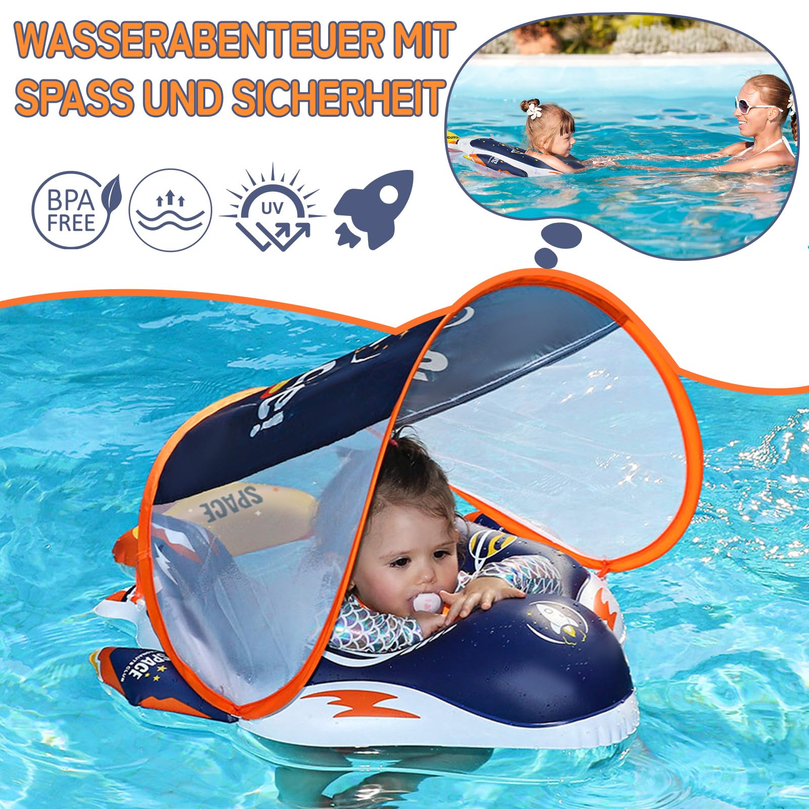 IEEILULU Schwimmring Baby, Baby Schwimmreifen mit Abnehmbarem Sonnenschutz und Sicherheitssitz, Schwimmreifen Wasserspielzeug für Pool, Strand und Schwimmbad ab 6 Monaten