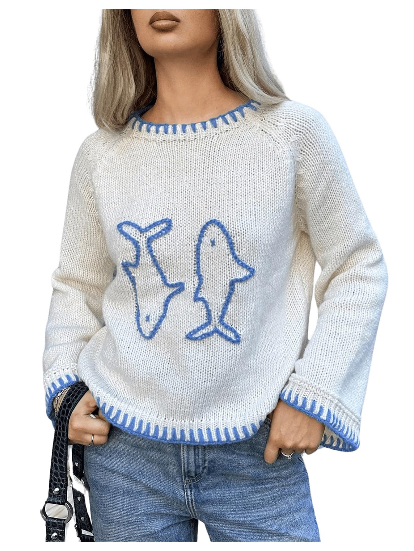 SHENHE Womens Oversized Graphic Pullover Sweater Crew Neck Cute Soft Knitted Sweater