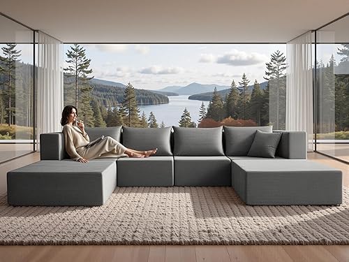 Miniatura 1 de YINIX Sofá cama modular de pana de 140 pulgadas, cómodo sofá de nube para sala de estar, sofá de piso de 6 piezas, combinación de compresión libre,