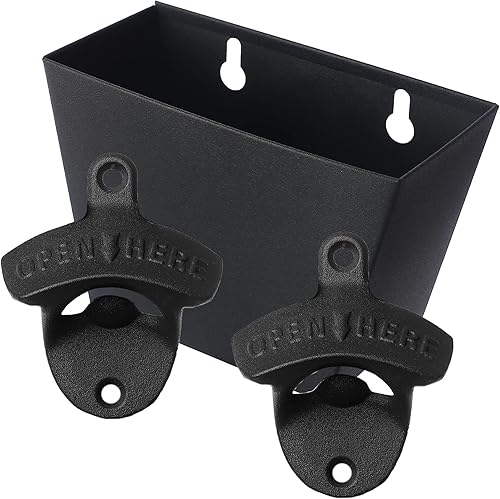 Abridor de tapas de cerveza negro montado en la pared con agujeros de drenaje de captador al aire libre