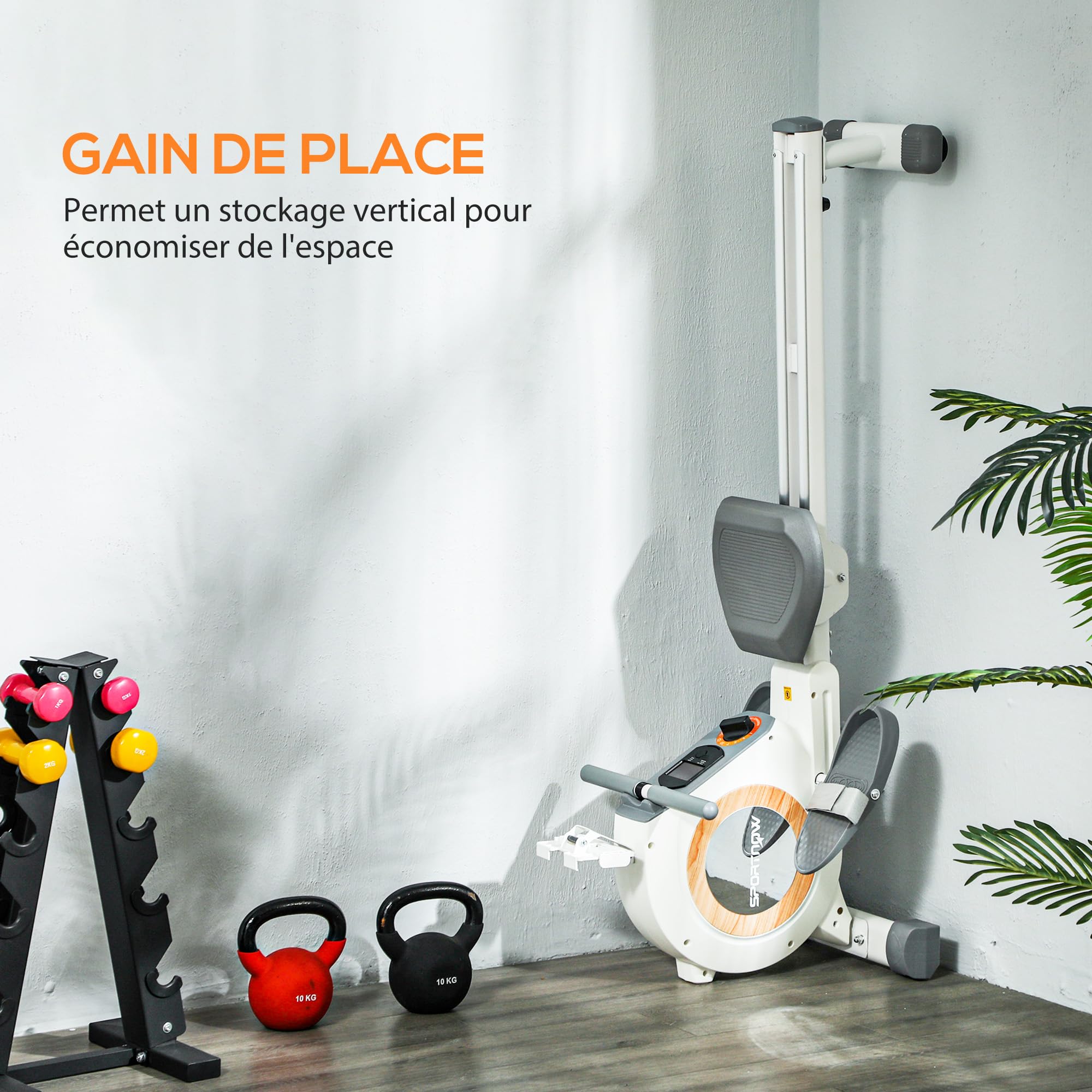 SPORTNOW Rameur magnétique à 16 Niveaux de résistance, rameur d'appartement Ultra Silencieux avec Support de téléphone et écran LCD, Stockage Vertical, Charge Max. 150 kg, Blanc et Gris