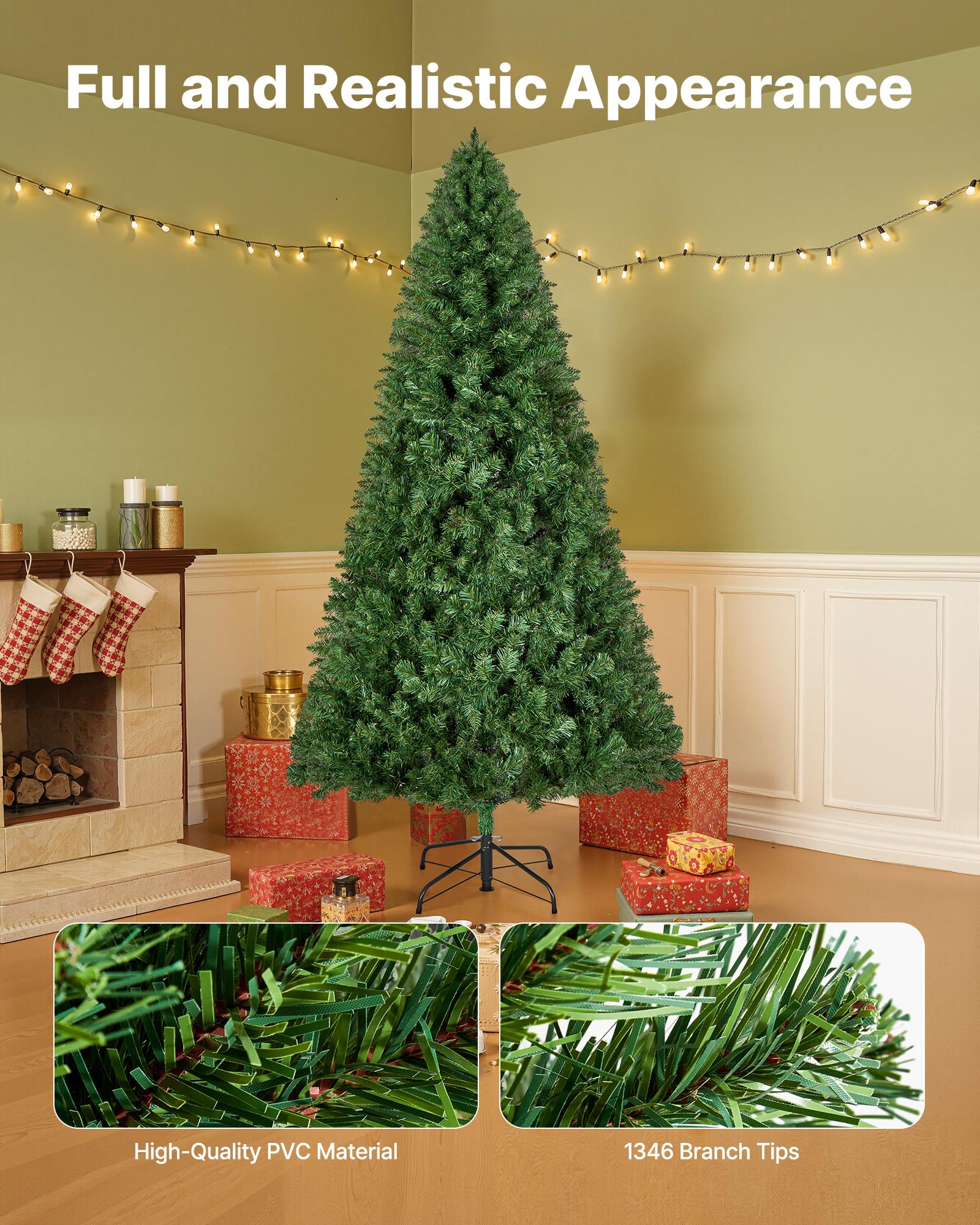 VEVOR Sapin de Noël Artificiel 220 cm, Arbre Artificiel de Noël Décoration Intérieur avec 1346 Branches PVC, Base en Métal, Arbre Décoratif pour Salon, Chambre, Centre Commercial, Parc, Bureau, Vert