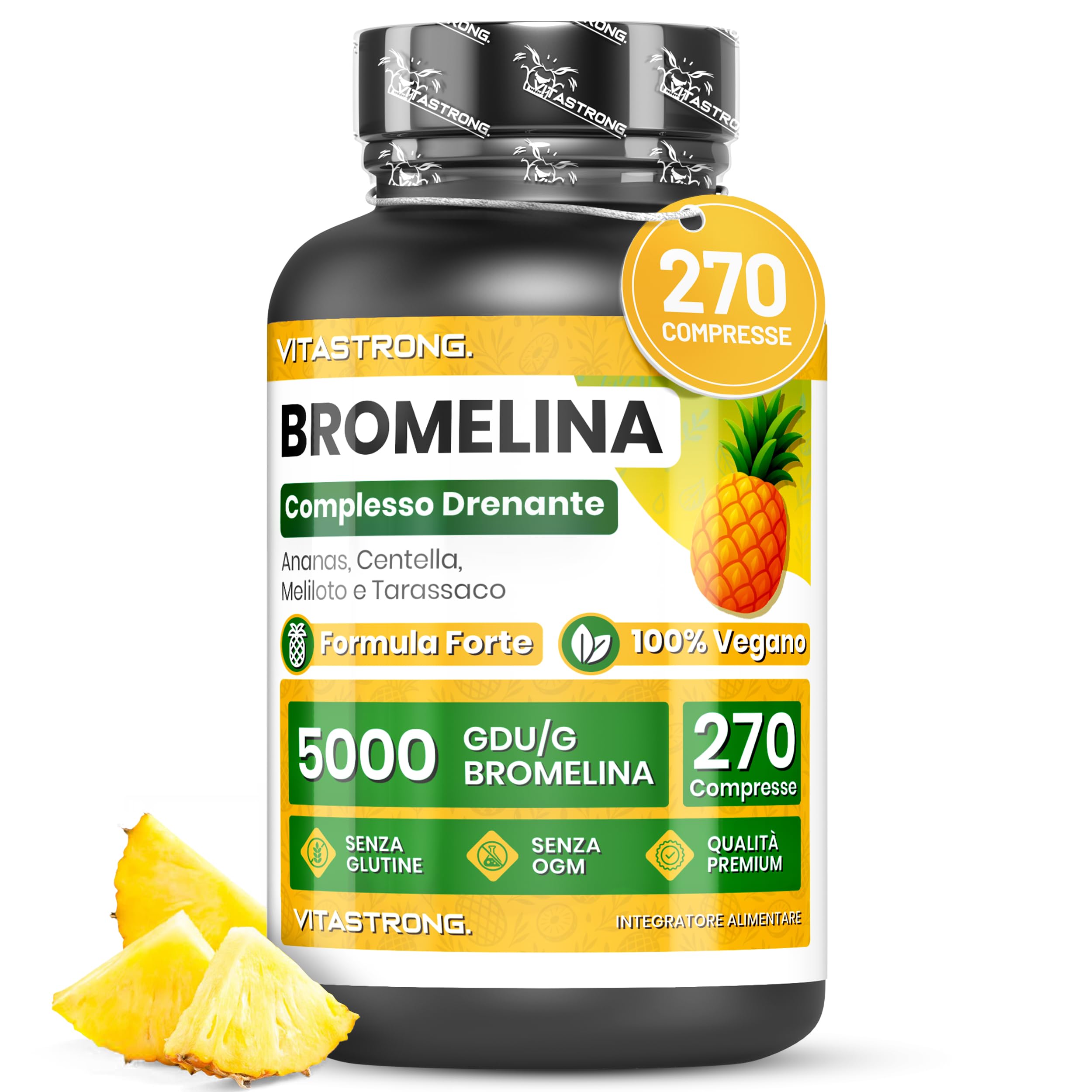 Bromelina Forte Drenante Vitastrong, Integratore Bromelina 5000 GDU, Vegana, Qualità Premium, 270 Compresse, Formula Complex con Centella Asiatica, Tarassaco e Meliloto, Bromelain Senza Glutine, OGM