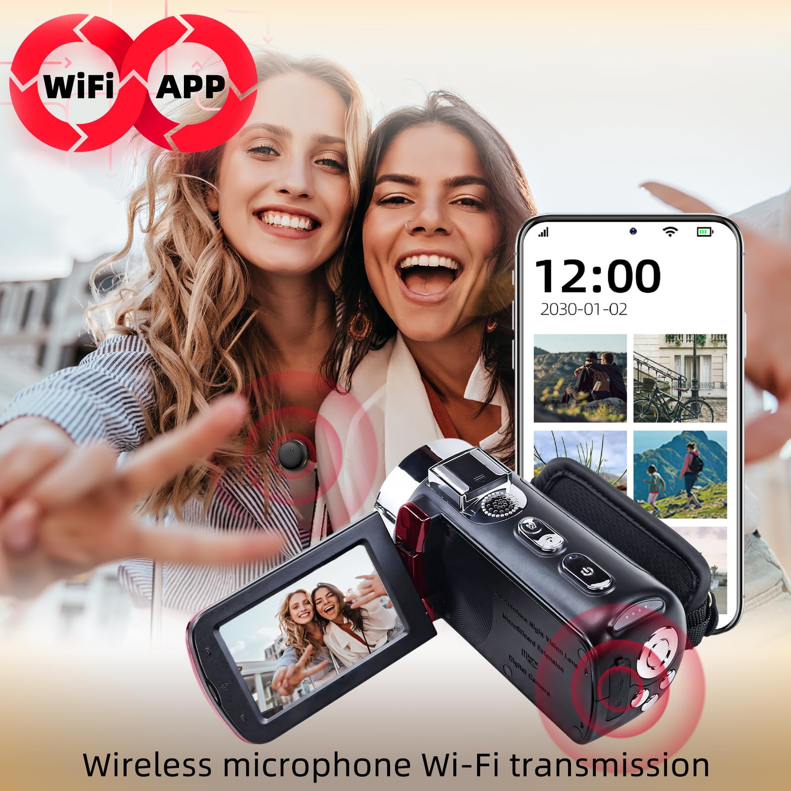 Flylin Caméra vidéo 4K, caméra de vlogging avec WiFi, vision nocturne infrarouge, 64 MP et zoom numérique 28x, filtre rétro et mode beauté et microphone, écran rotatif IPS 3" et batterie 4800 mAh