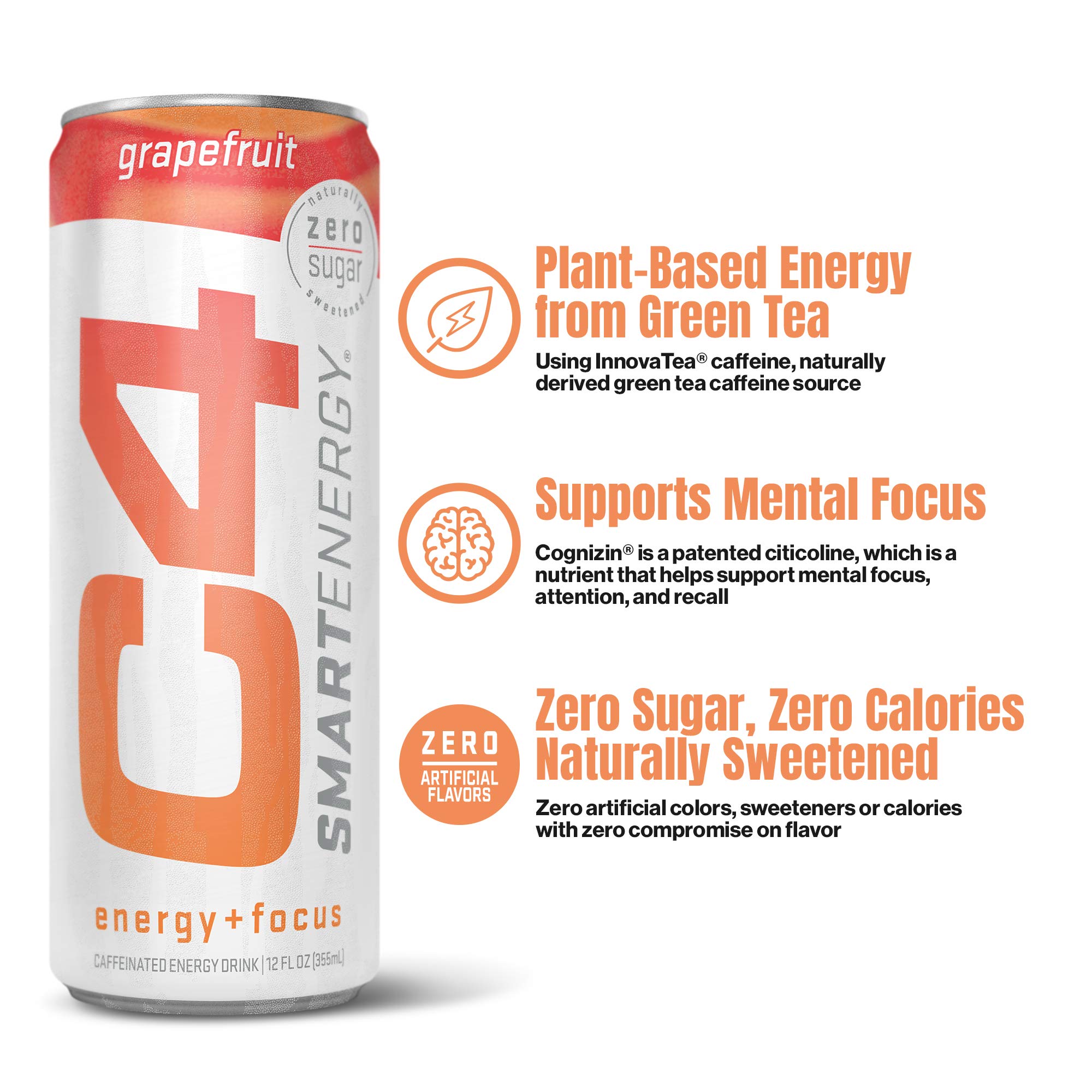 C4 Smart Natural Energy Drinks with Zero Sugar and Zero Calories, Sugar