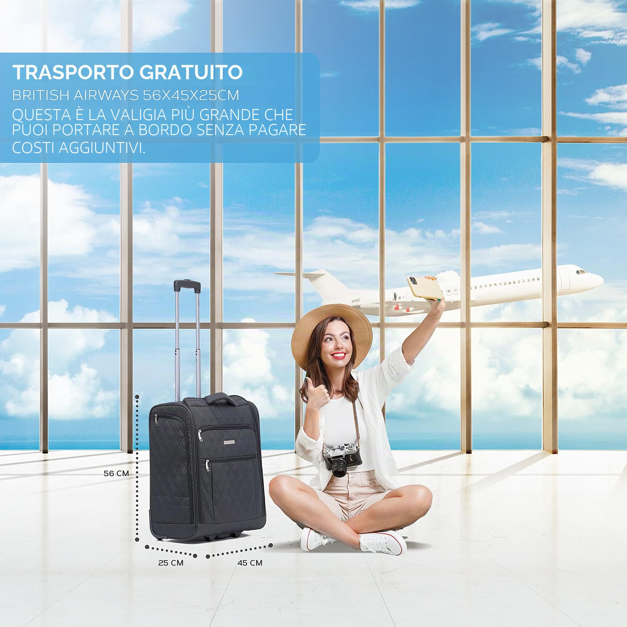 Flight Knight Valigia a Mano Grande 56 x 45 x 25 cm easyJet e British Airways - Approvata e testata - 2 ruote - Valigia da cabina in tessuto ultraleggera e resistente