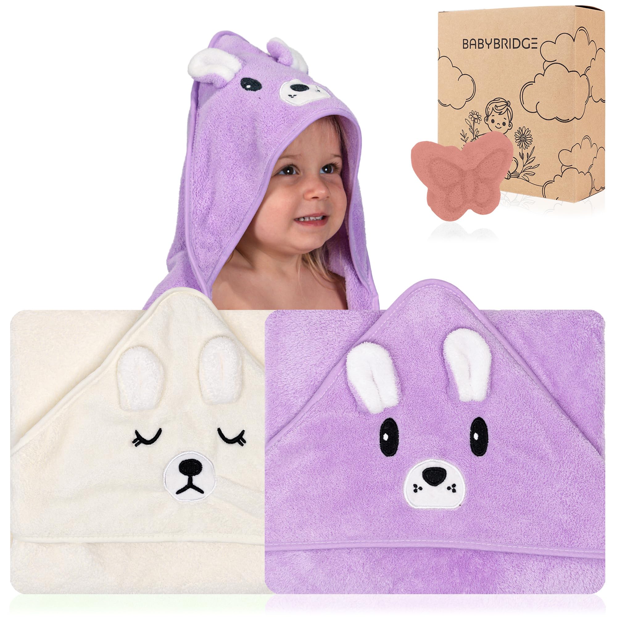 2 Unidades Toalla Bebe Recien Nacido + 1 Esponja Recien Nacido - Toallas con Capucha de Animales 0-3 años - Toalla baño - Esponja Natural - Accesorios Bebes (Blanco/Lila)