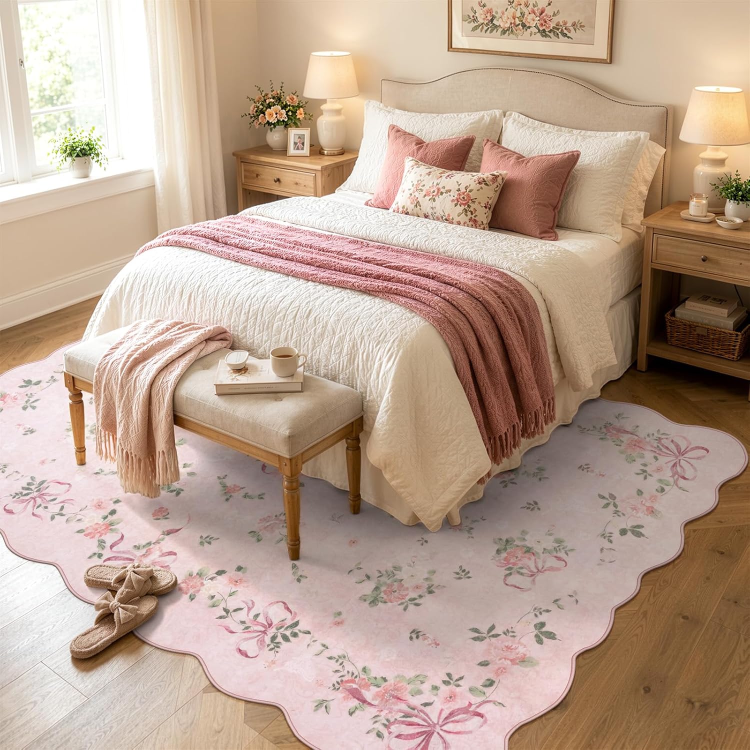Wonnitar Pink Bow Floral Rug for Bedroom, Washable 5x7 Area Rug for Nursery image 5