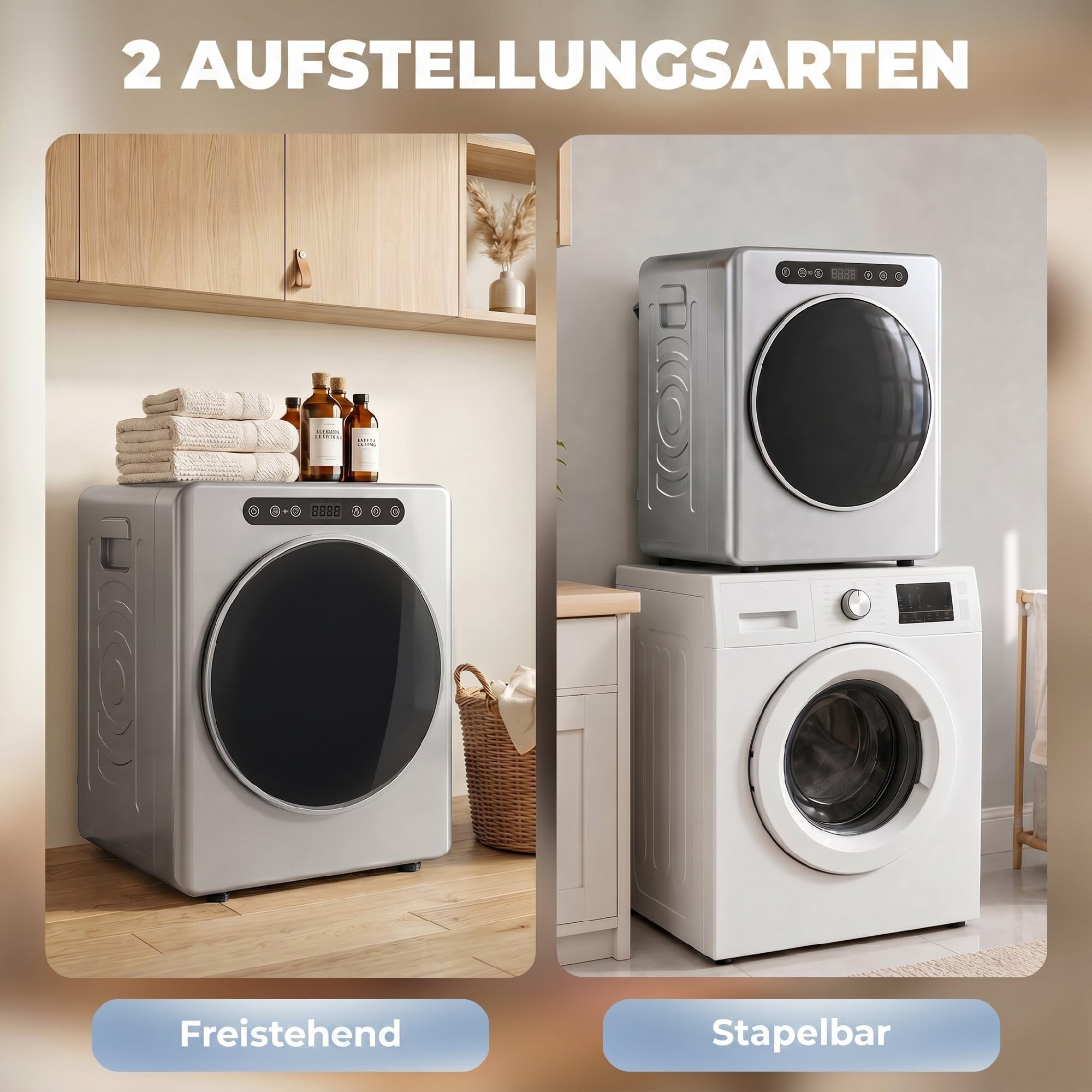 HOMCOM Mini suszarka z wywiewem 5 kg, ze sterylizacją, 6 programów do 60°C, 1000 W, z ekranem dotykowym, program wsteczny nie gniecie się, ze stali nierdzewnej, tryb ekstra suszenia, kolor srebrny