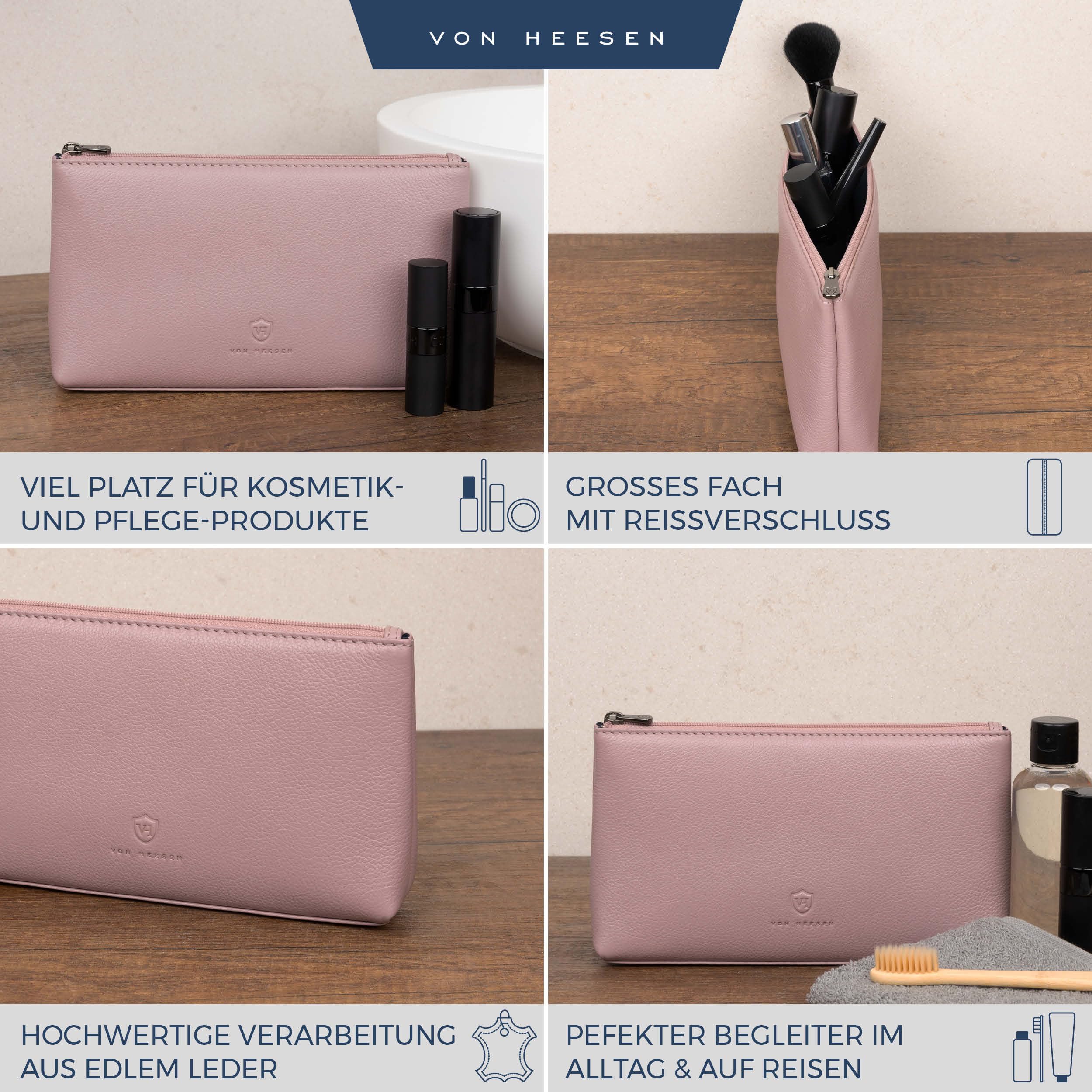 VON HEESEN Echtleder Kosmetiktasche für Damen & Herren - Kulturbeutel aus echtem Leder - Kulturtasche und Waschtasche für Männer und Frauen in Lavendel