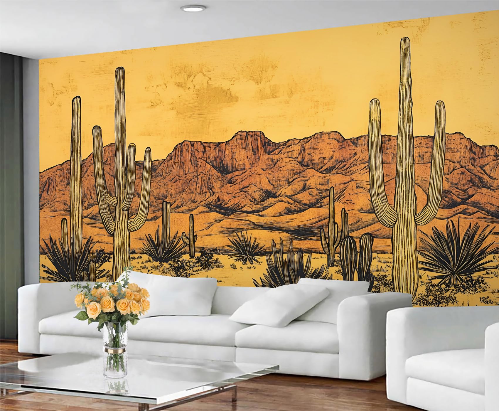 GIVLWF Desert Cactus Wallpaper Mural - Southwestern Bedroom Wallpaper - Mountains Wall Paper for Living Room Non Self Adhesive Rustic Western Murals & Home Decor