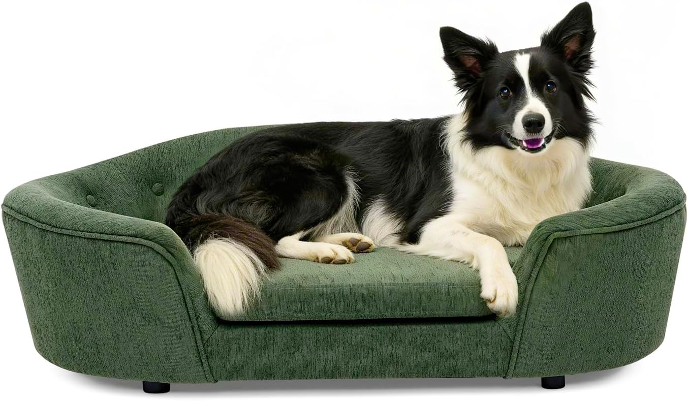 Oval Semi-Enclosed Dog Sofa Bed, Comfrt Linen Farbic Pet Sofa Couches, Mini Couch for Small, Medium and Large Dogs, Easy to Clean (Olive Green)