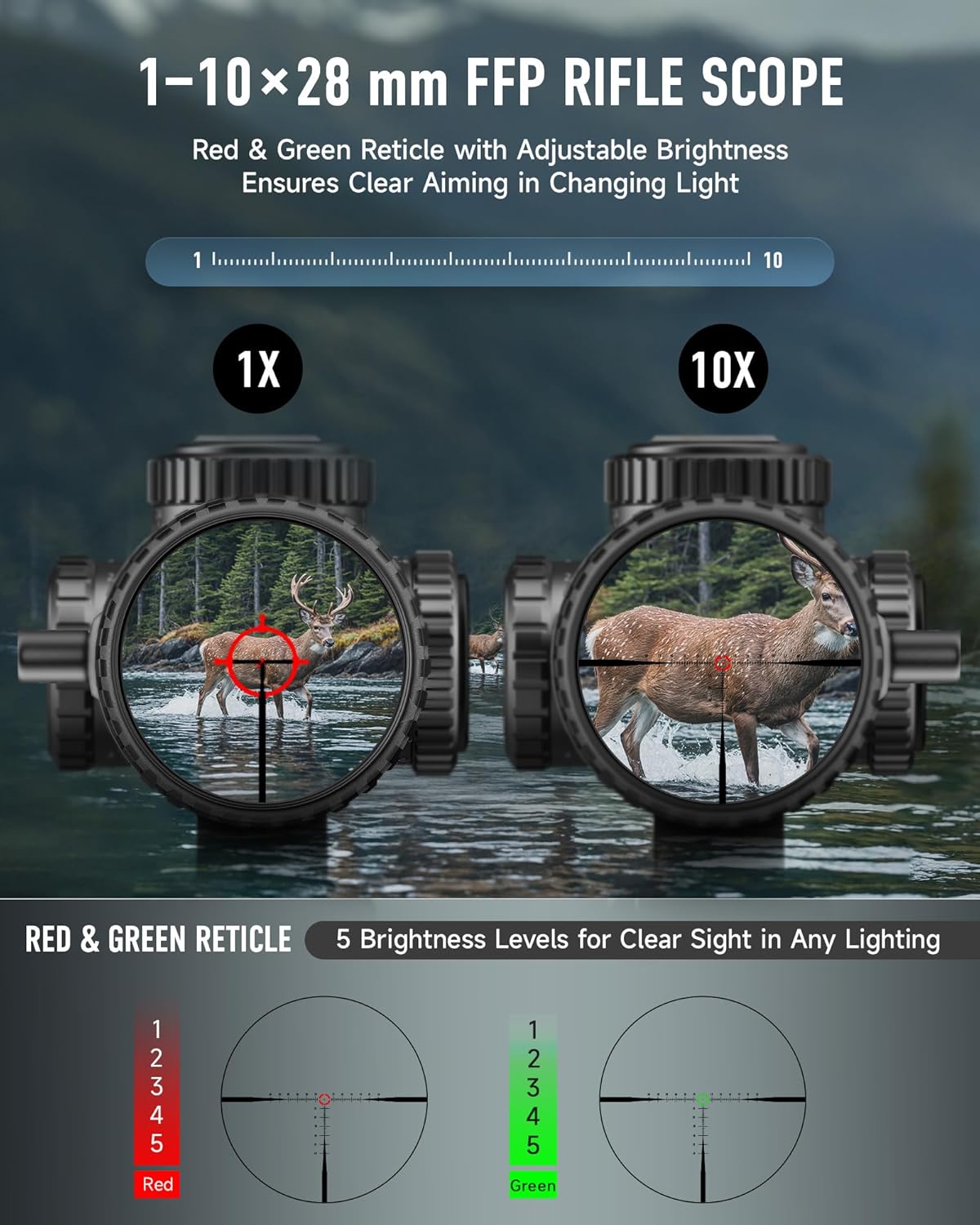 Diagram of the Pinty FFP LPVO Rifle Scope with key components labeled, including Ocular Lens, Diopter Adj. Ring, Magnification Adj. Ring, Battery Cap, Brightness Turret, Elevation Turret, Windage Turret, Side Bolts, Top Caps, and Objective Lens.