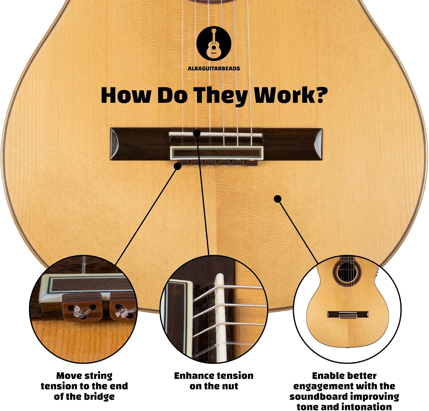 Classical Guitar Bridge Beads – Dark Wood Pattern Tie Blocks for Nylon and Carbon Strings – Fits Flamenco Guitars – Alba GB image 2