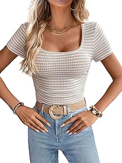 Women Summer Short Sleeve Shirts Ruched Tops Sexy Square Neck Blouses Going Out Knit T Shirt Basic Tees
