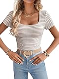 LUXVEER Women Summer Short Sleeve Shirts Ruched Tops Sexy Square Neck Blouses Going Out Knit T Shirt Basic Tees
