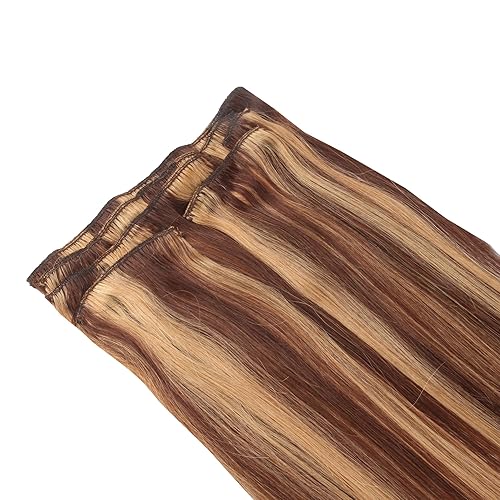 Miniatura 4 de JFFX Extensiones de cabello humano real de 16 pulgadas, 7 piezas con 16 clips, extensiones de trama de tejido de cabello lacio para mujer