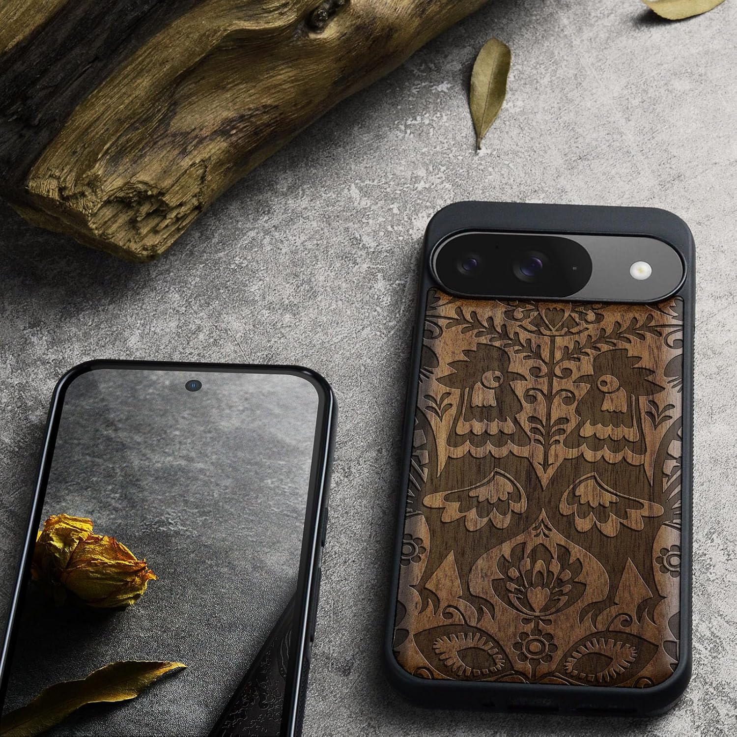 Carveit Magnetic Wooden Case for Google Pixel 9 Case, Wood Artisan Engraved & Soft TPU Shockproof Cover, Compatible with MagSafe Wireless Chargers (Polish Floral Roosters) Walnut