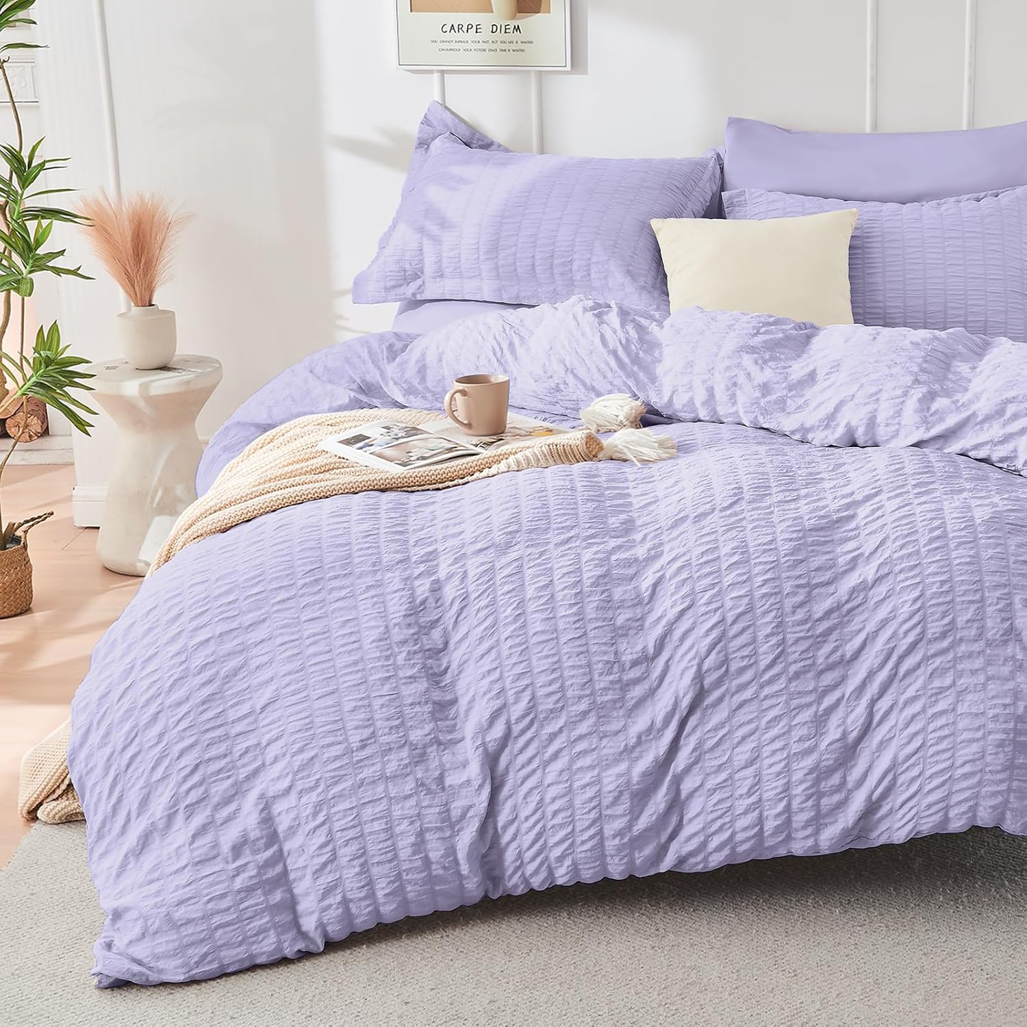 HYMOKEGE Light Purple Full Size Comforter Sets Seersucker 7 Pieces, All Season Luxury Bed in a Bag for Bedroom, Bedding Set with Comforter, Sheets, Pillowcases & Shams - Image 2