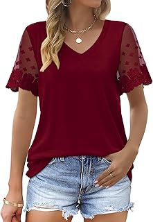 Casual V Neck T Shirts for Women Lace Short Sleeve Curved Hem Tops Loose Fit