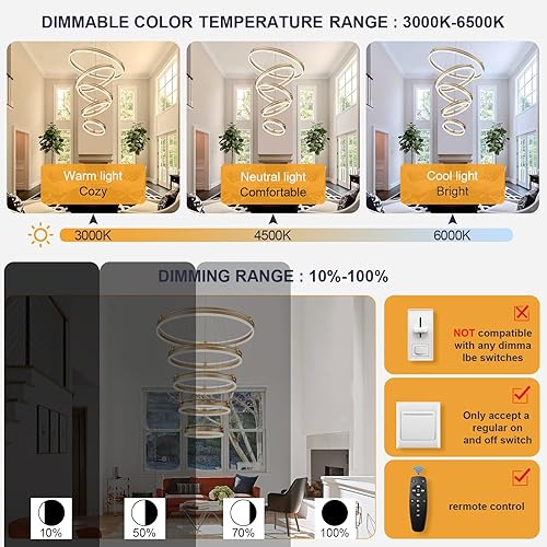 Miniatura 5 de Candelabro LED moderno de 10 anillos, dorado, D31.5, grande, regulable, iluminación colgante con control remoto, lámparas de techo alto para