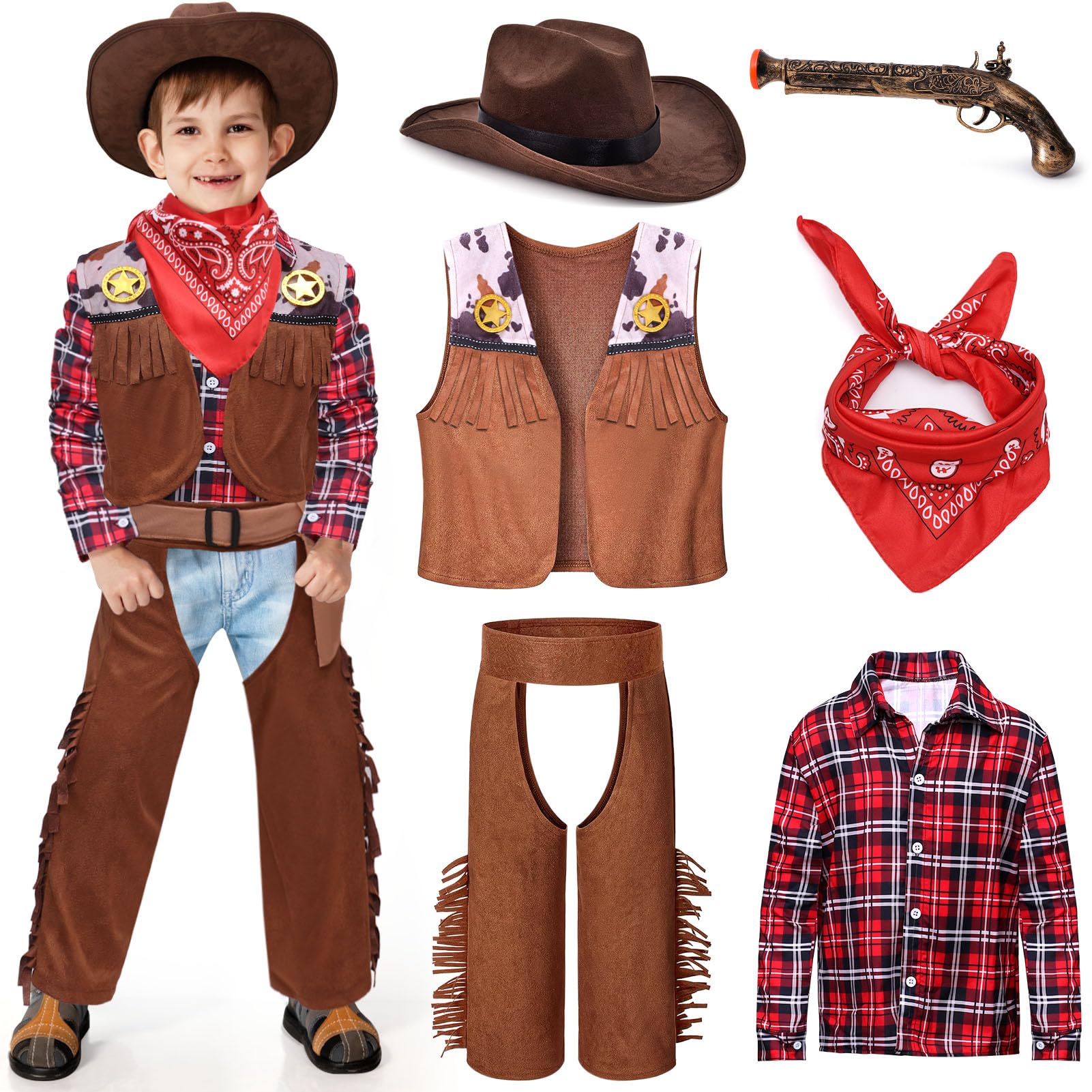Latocos 7 PCS Kids Cowboy Costume for Boys Ages 3-10 Years Halloween Party Dress Up Role Play and Cosplay