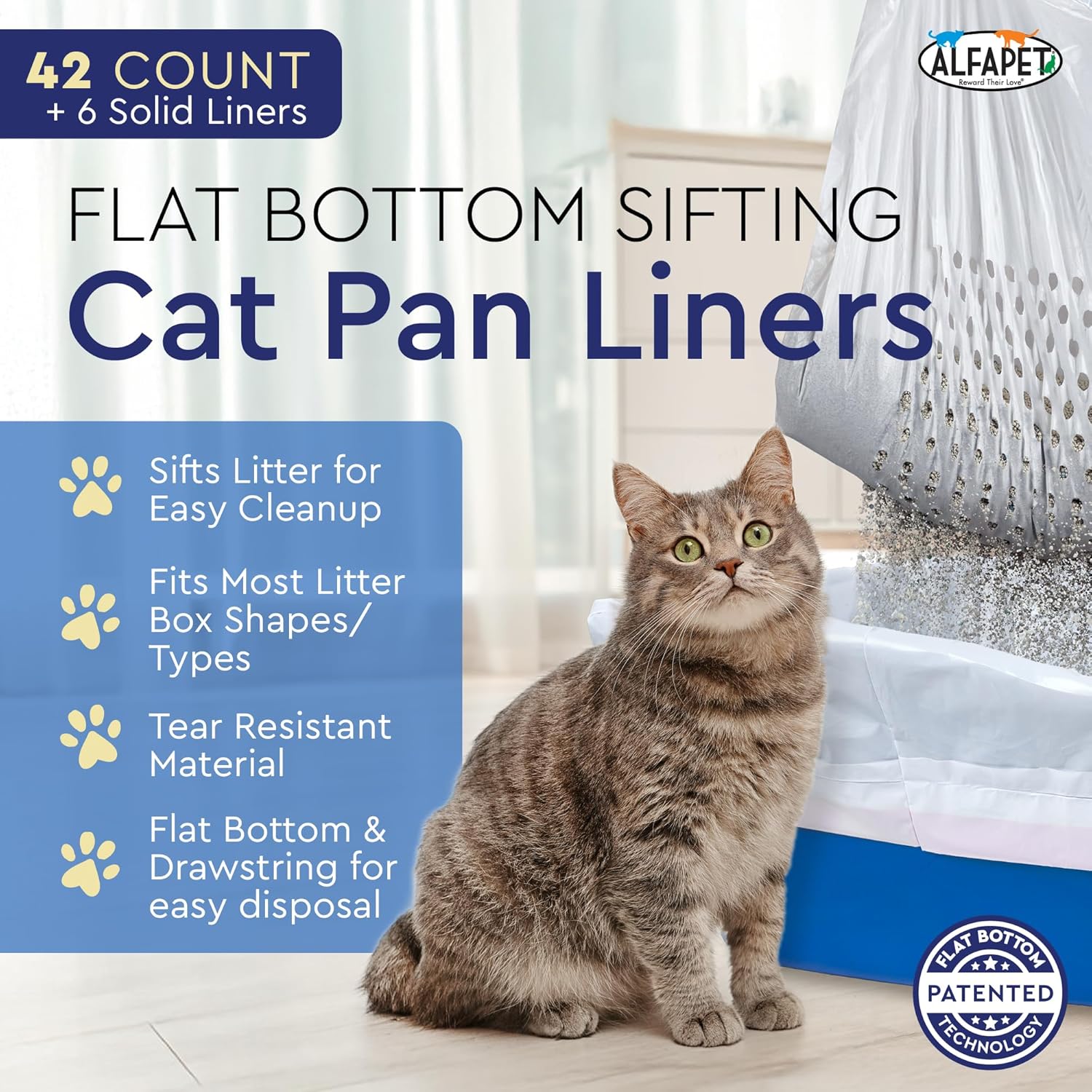 Alfapet Self Sifting Cat Litter Box Liners, Set of 42, Flat Bottom, Reinforced, XL Design for Large Trays, 13 Gallons