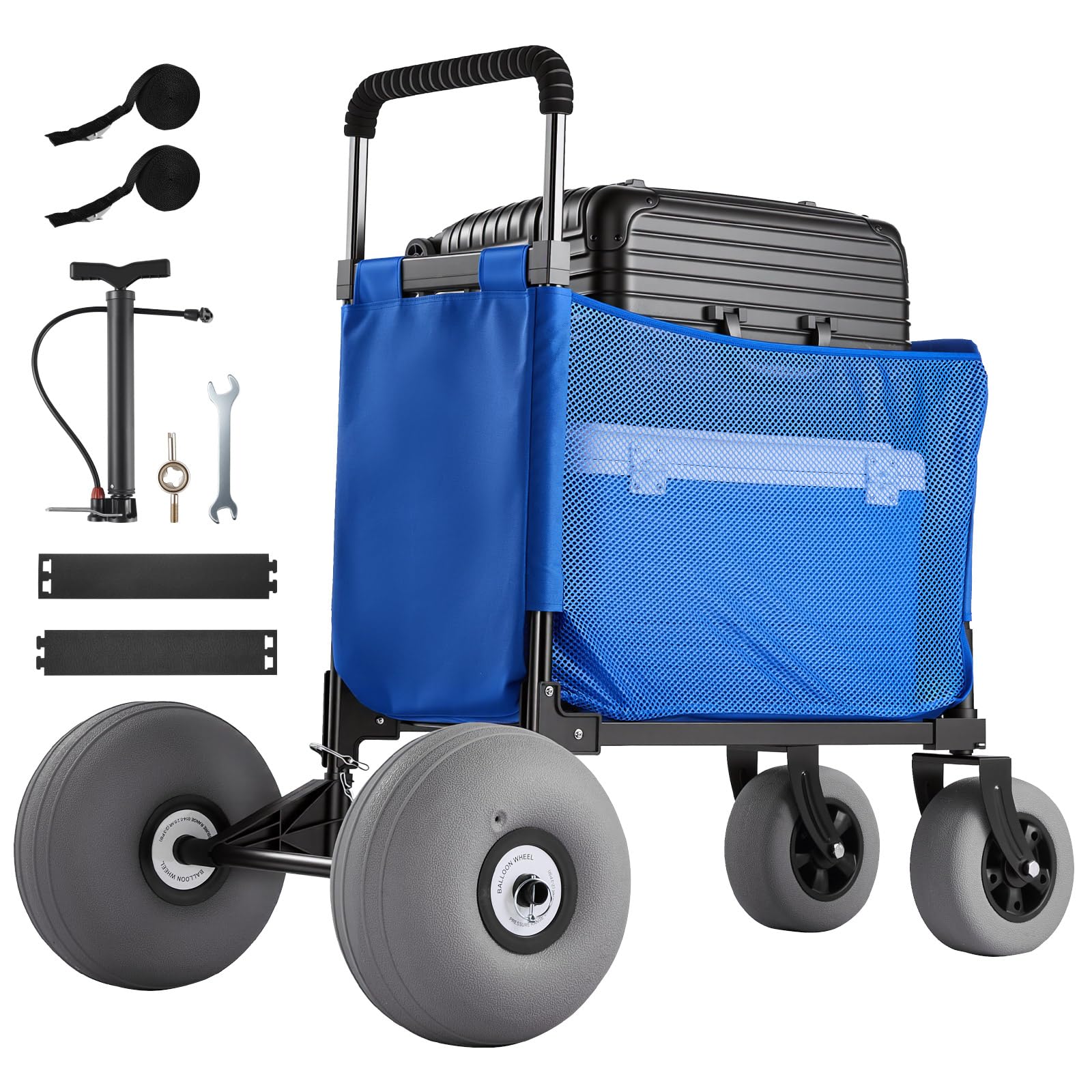 VEVOR Chariot de Plage Tout-Terrain, Chariot de Transport Pliable Charge 75 kg, Charette pour Camping Pêche Jardin Extérieur, avec Roues Ballons de 30 cm, Sac de Rangement et Hauteur Réglable