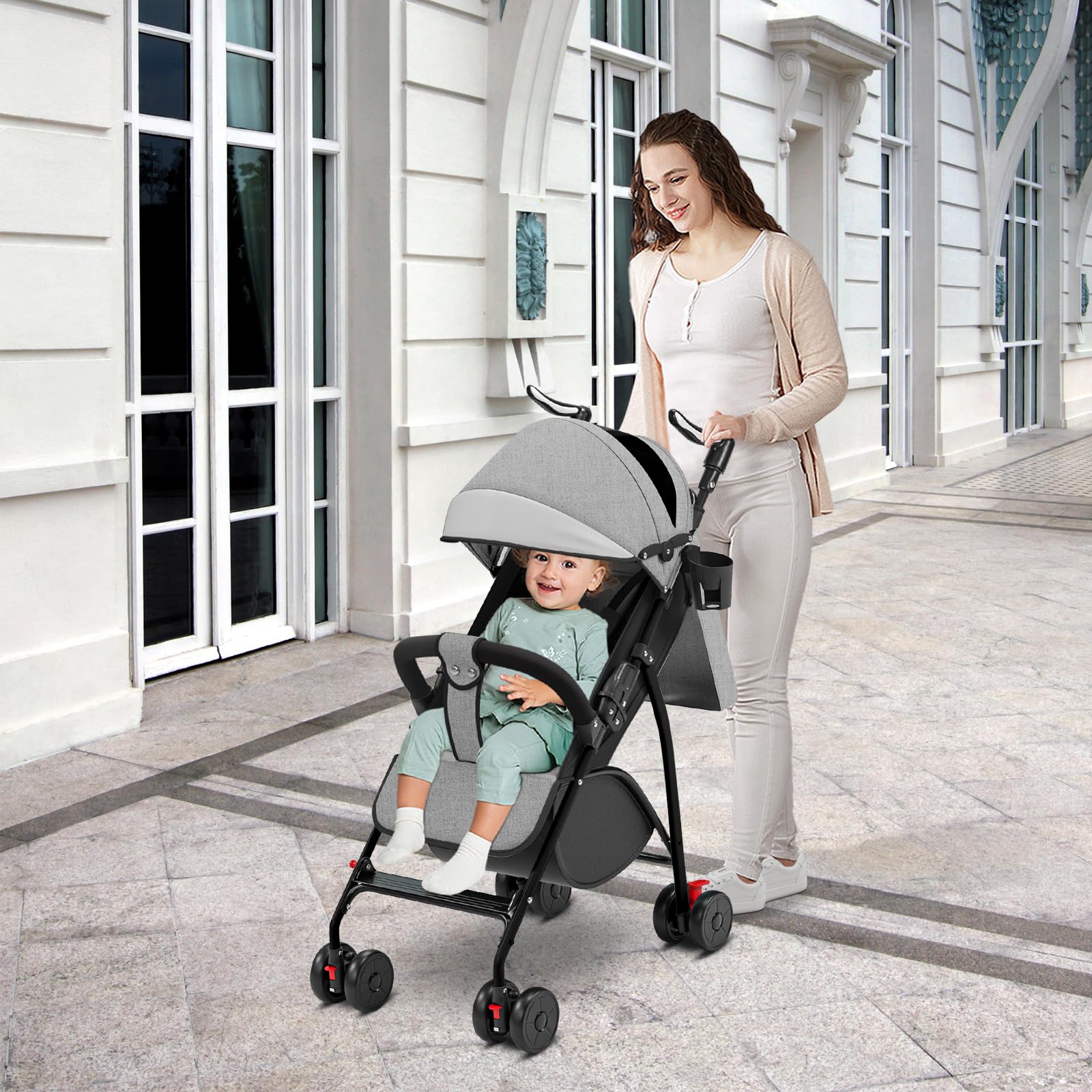 4 Poussette Canne, Légère, Suspension 4 Roues, Pliable, Harnais réglables à 5 points, Repose-pieds, Jusqu'à 22 kg - 47 * 72 * 97CM - Gris