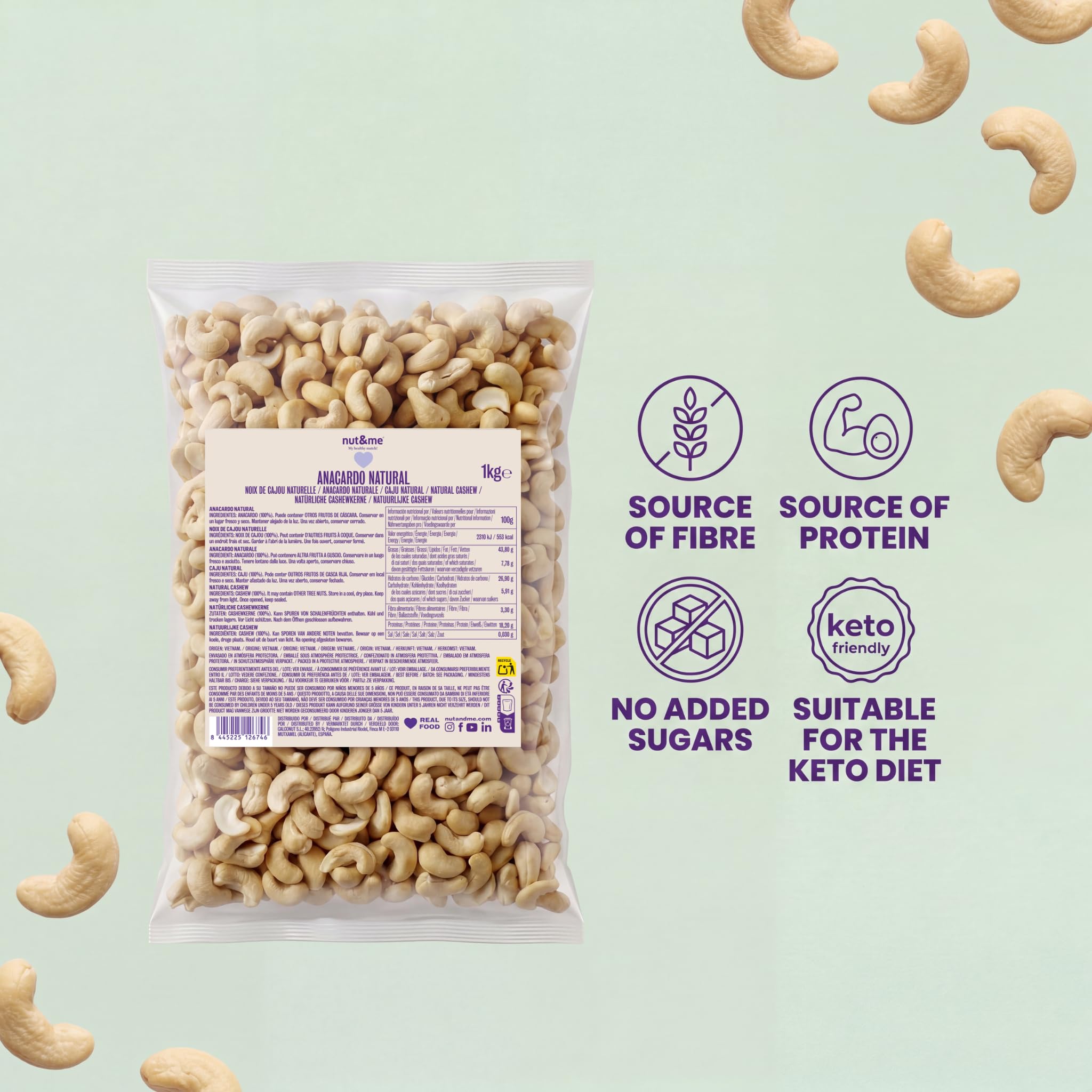Anacardos crudos natural 1 kg nut&me | Keto | 100% natural | Sin sal | Keto | Sin aditivos | Fuente de proteínas | Fuente de fibra | Sin gluten | Vegano y vegetariano | Sin lactosa