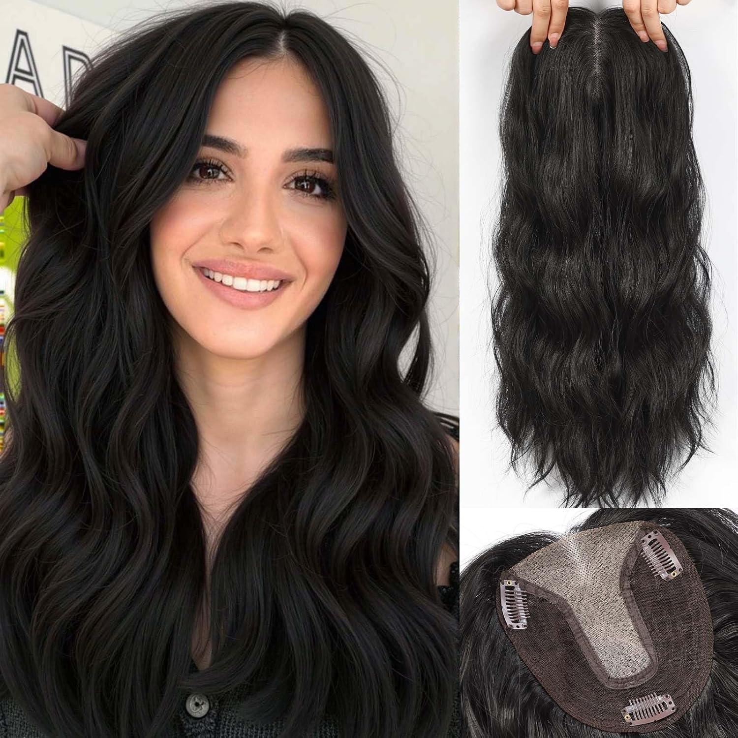 HAIRCUBE 18 inch Wavy Hair Toppers for Women Heat Resistant Fibre Synthetic 5 * 5.3 Inch Swiss Base Toppers for Women with Thinning Hair(Black) 18 Inch