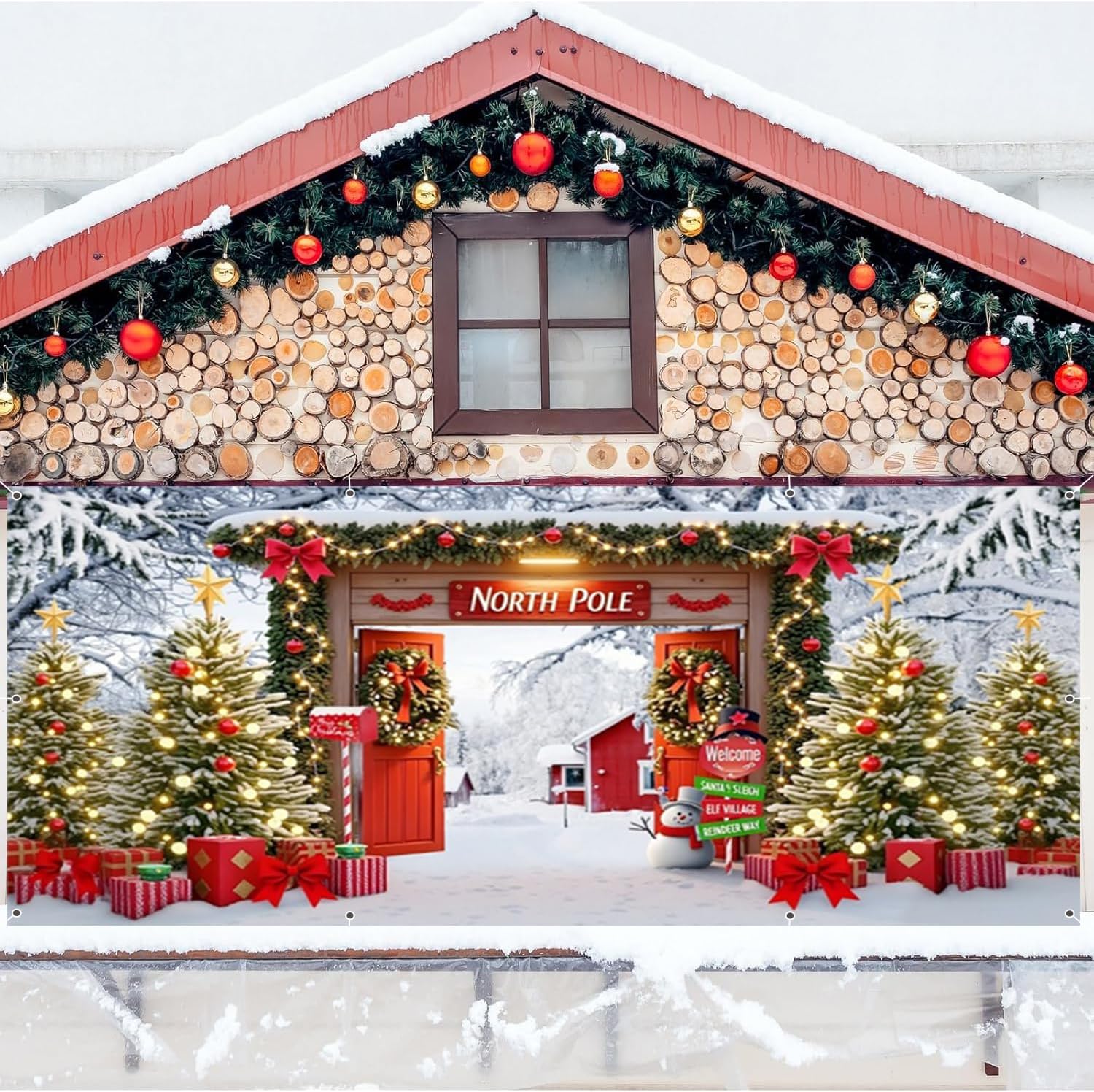 Christmas Garage Door Cover Decorations Banner 7x16ft Christmas Backdrop,Large Hanging Winter Xmas 2 Car Garage Door Cover, North Pole Snowy Tree Pine Branch Wall Mural,Outdoor Holiday Decorations