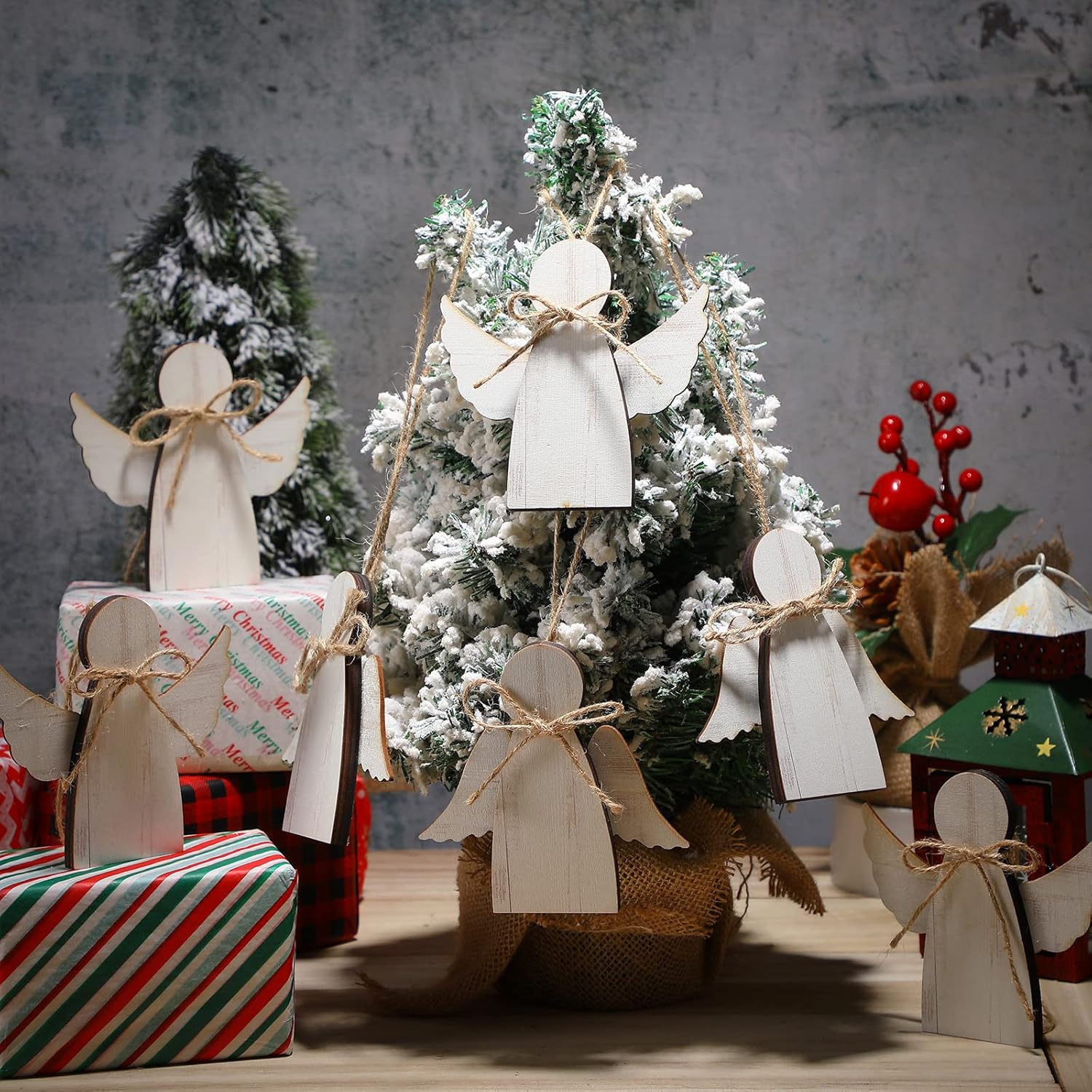 Yookeer Angel Ornaments Christmas Decorations Indoor Rustic Wood Angel Christmas Tree Decoration Farmhouse Whitewash Figurine for Home Office Tree Fireplace Garland(8 Pieces) - Image 2