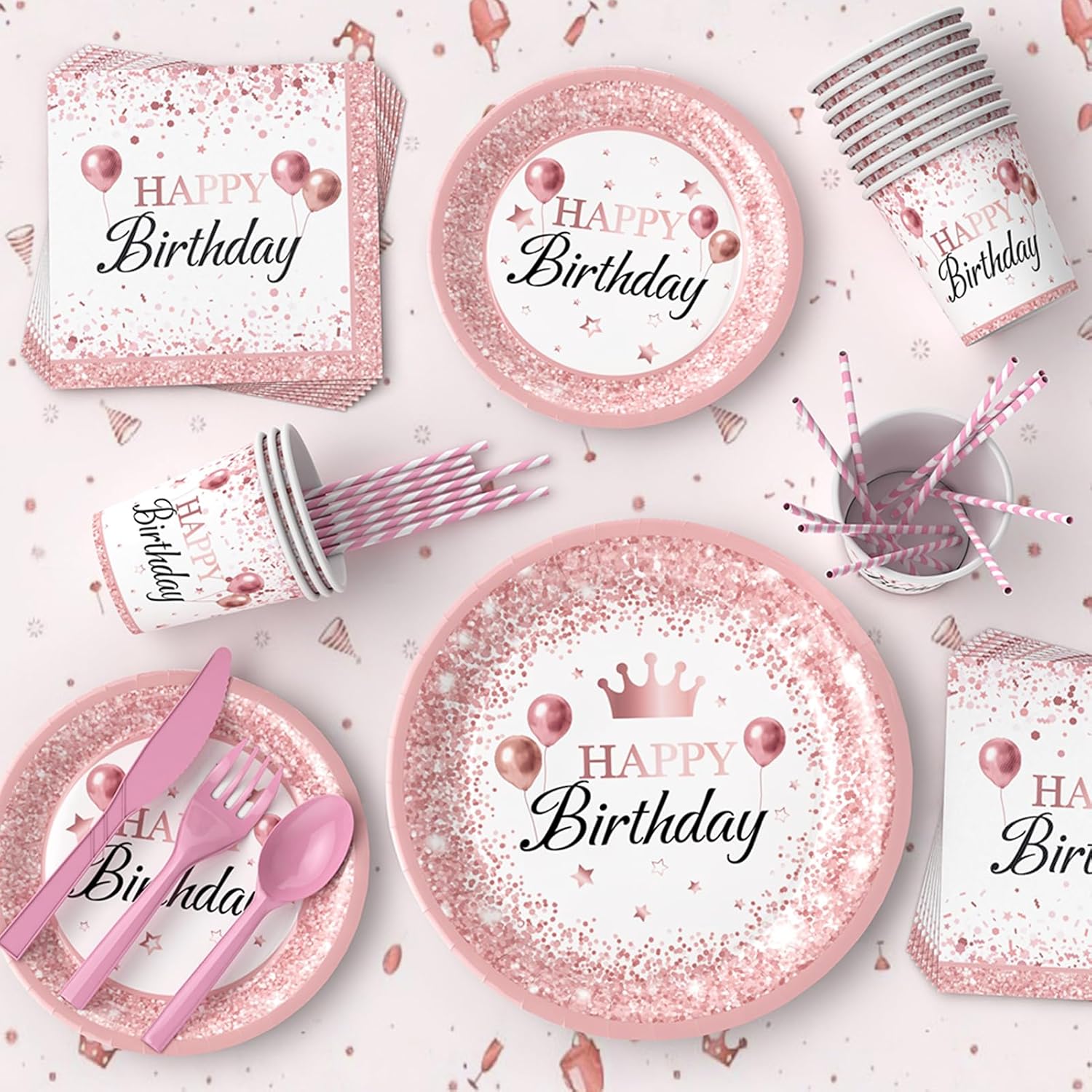 212Pcs Pink Birthday Decorations Disposable Dinnerware Sets,Birthday Party Supplies Plates Napkins Set Baby Shower Birthdays Party Plate Pink Set With Banners Cups Forks knives Spoons Serve 24