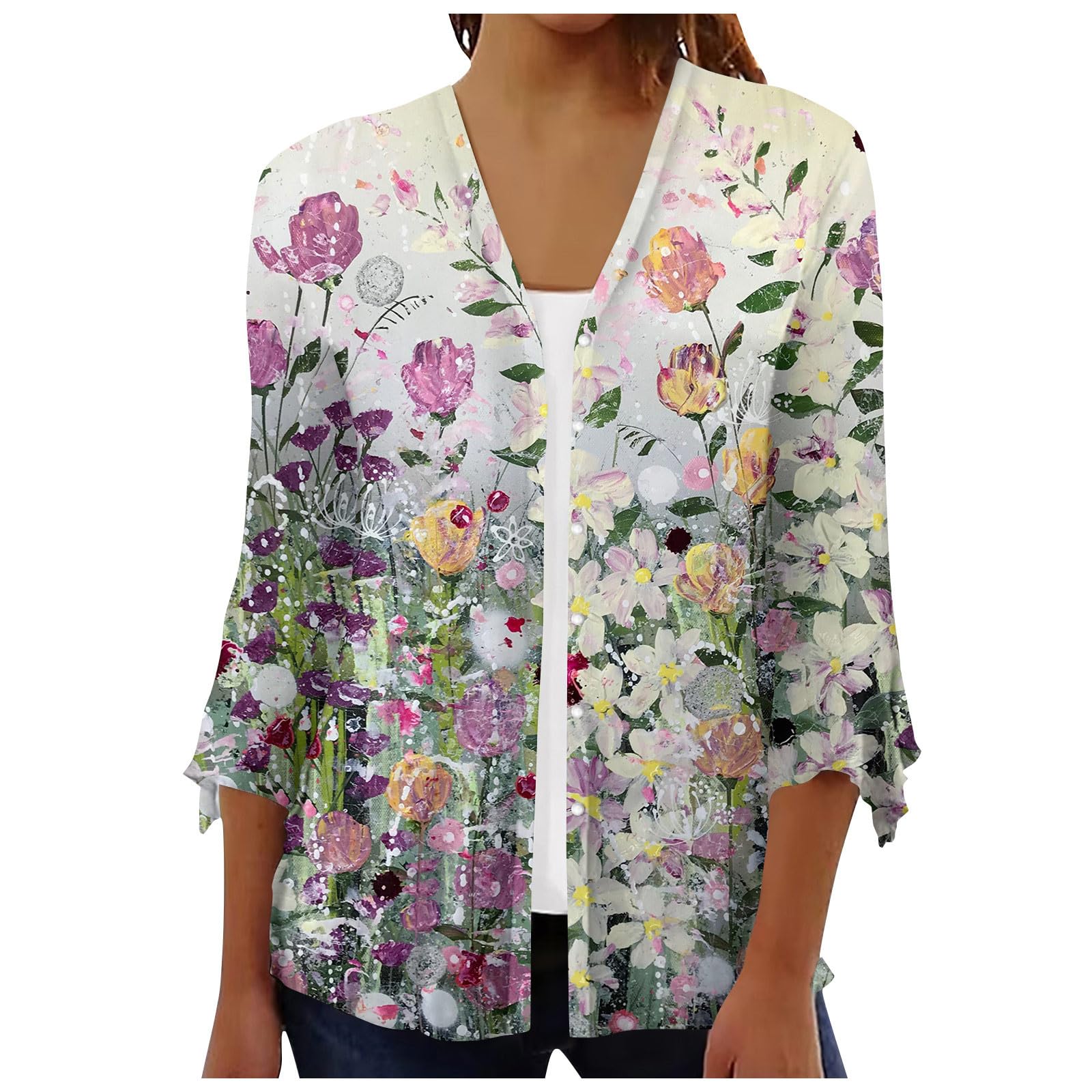 Cardigans for Women Trendy Summer Open Front Floral Print Resort Wear 3/4 Sleeve Holiday Basic Button Tops Boho Cardigan
