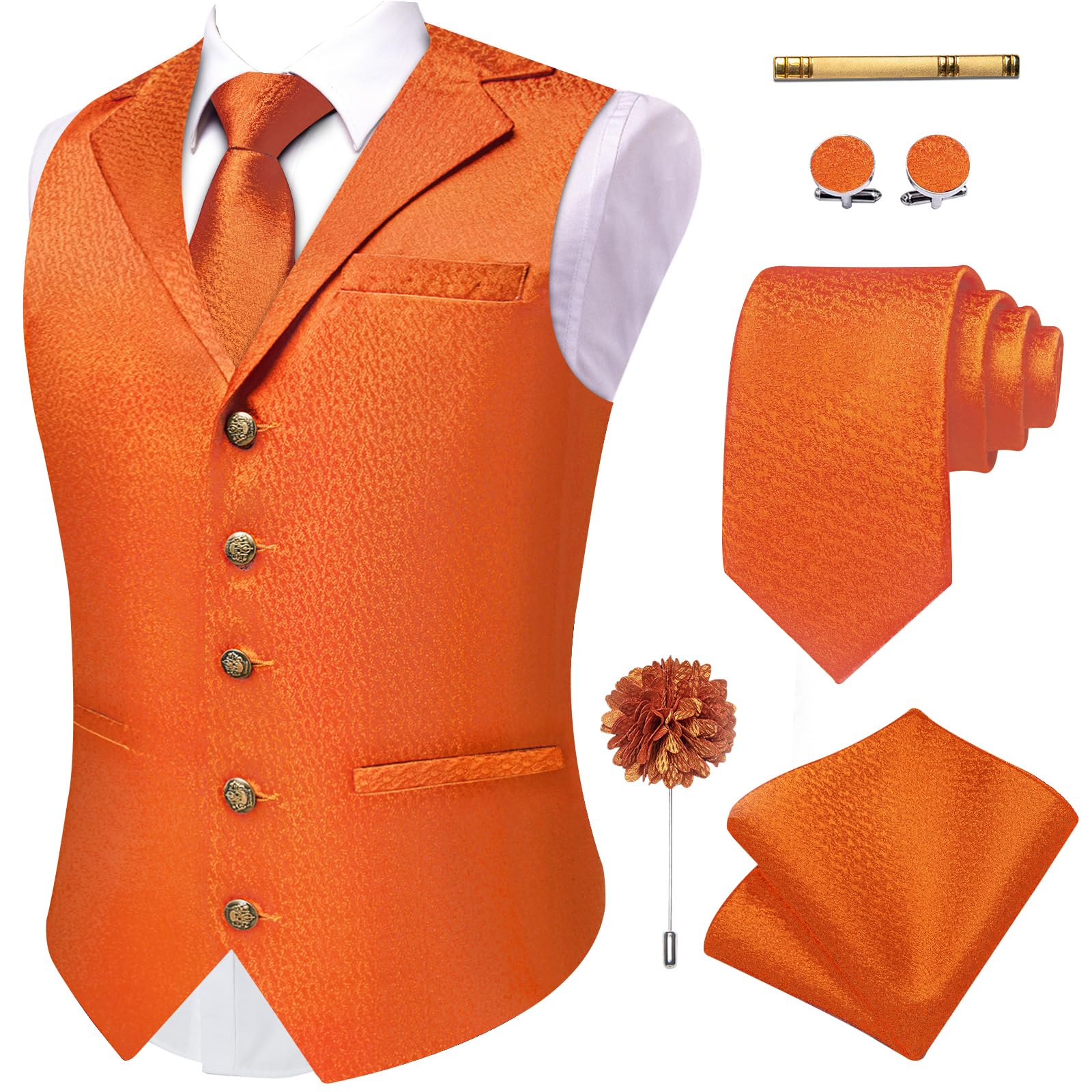 YourTies Set di cravatte da uomo con colletto a scialle, in seta, formale, gilet, fazzoletto, gemelli, spilla da bavero, per feste e matrimoni