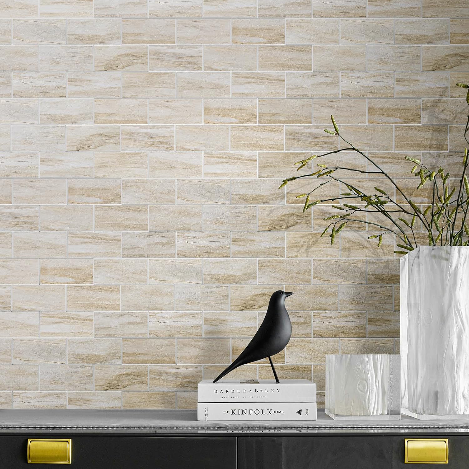 20-Sheet Peel and Stick Backsplash, Subway Tile Wall Tiles 13.5" x 5.8" 3D PVC Adhesive Stick on Tile Stick for Kitchen Fireplace (Greek Beige Marble)