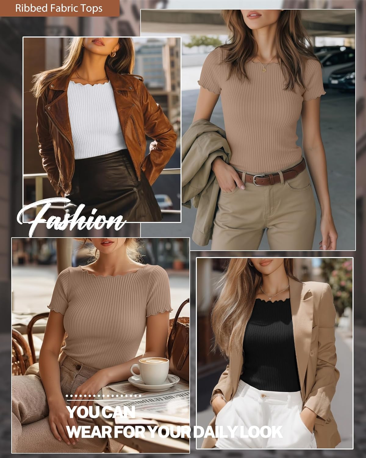 Riyiper 3 Pack Women's Lettuce Trim Boat Neck Tops Ribbed Short Sleeve T-Shirts Crop Slim Fit Summer Basic Tees Shirt(Black, White, Khaki,X-Large) - Image 2