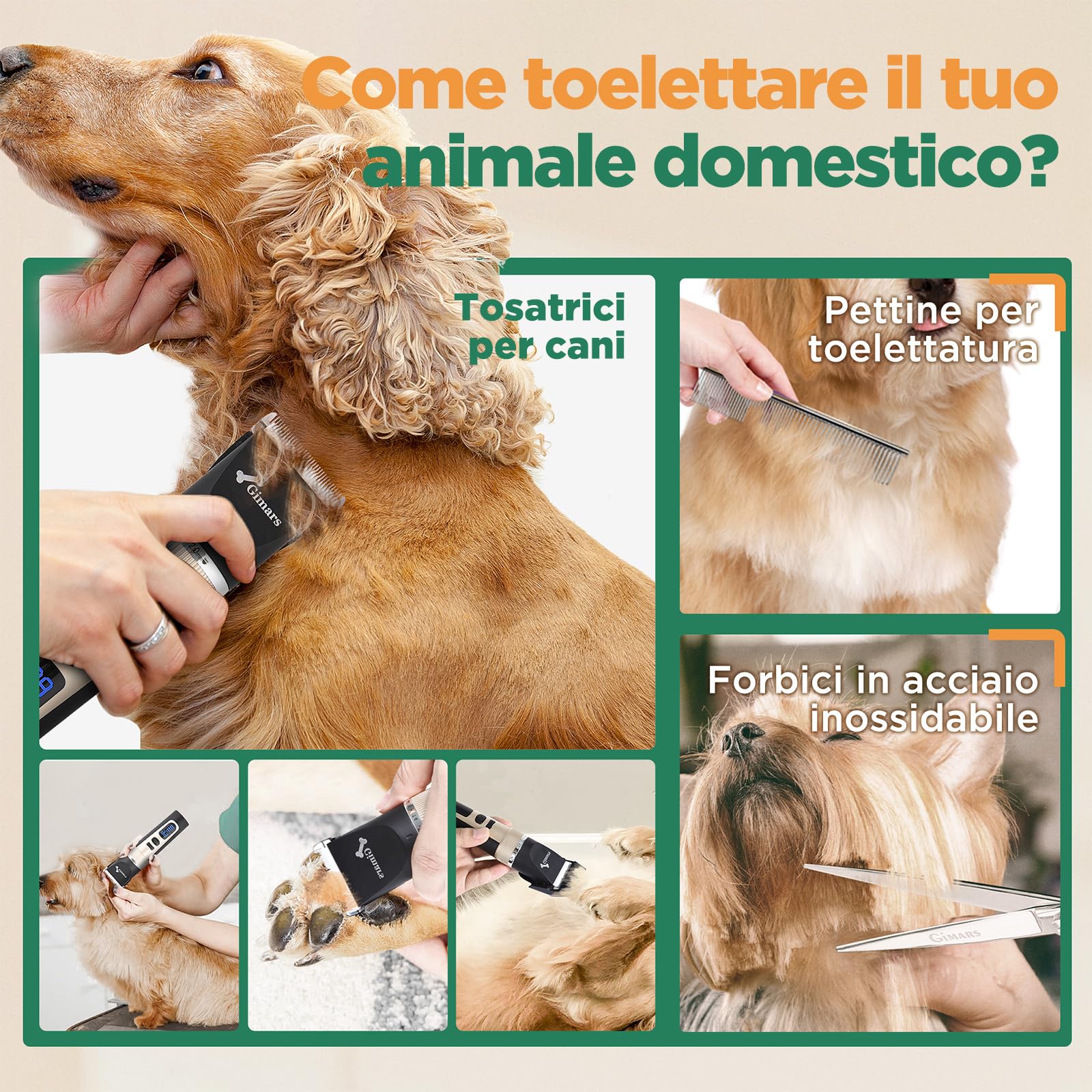 Gimars Silenzioso Tosatrice per Cani Professionale, Impermeabile IPX7 Rasoio per Cani Pelo Lungo, Macchinetta per Gatti, Dorata