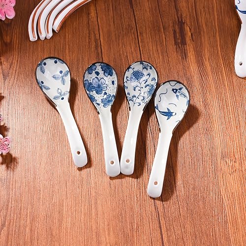 Miniatura 3 de 4 cucharas de sopa japonesas, cucharas grandes asiáticas, cucharas de sopa de cerámica coreana con mango largo para servir, fideos de sopa