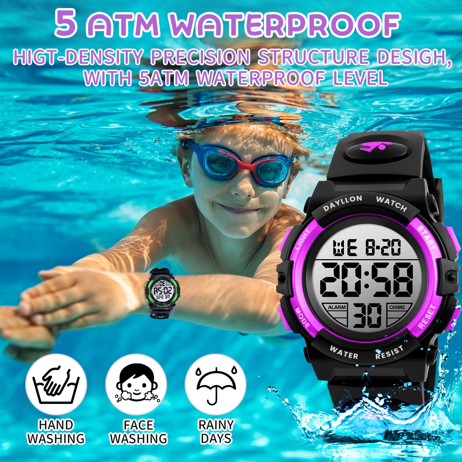 Dayllon Orologio digitale per bambini Sport all'aperto 50 m impermeabile Orologio elettronico Allarme 12/24 h Cronometro Calendario Ragazzo Ragazza Orologio analogico