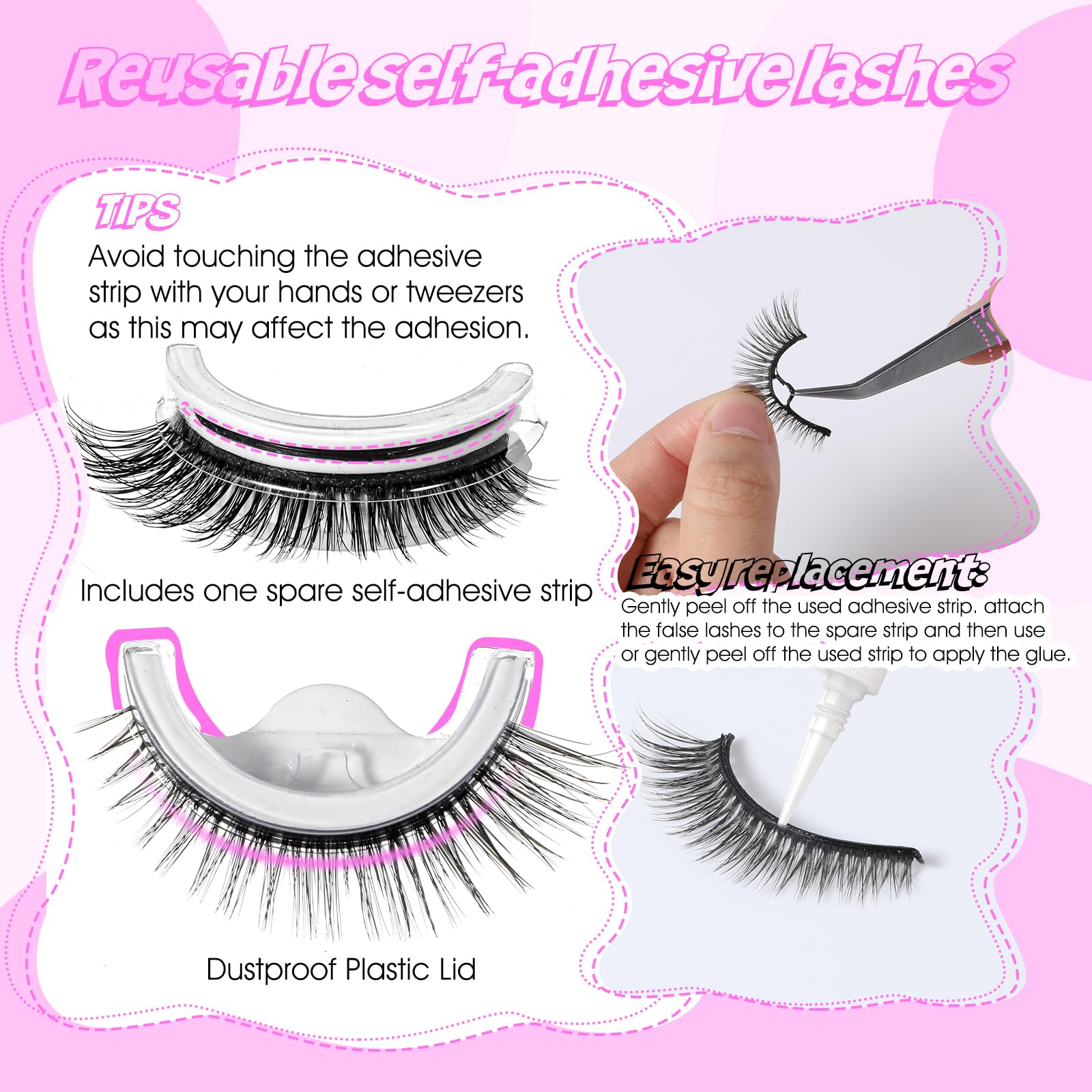5 Paires Faux Cils Autoadhésifs Look Naturel Cil Pressés Sans Colle Réutilisables Pré-collés Imperméables Effet Œil de Chat Bandes de Cils 10-15mm