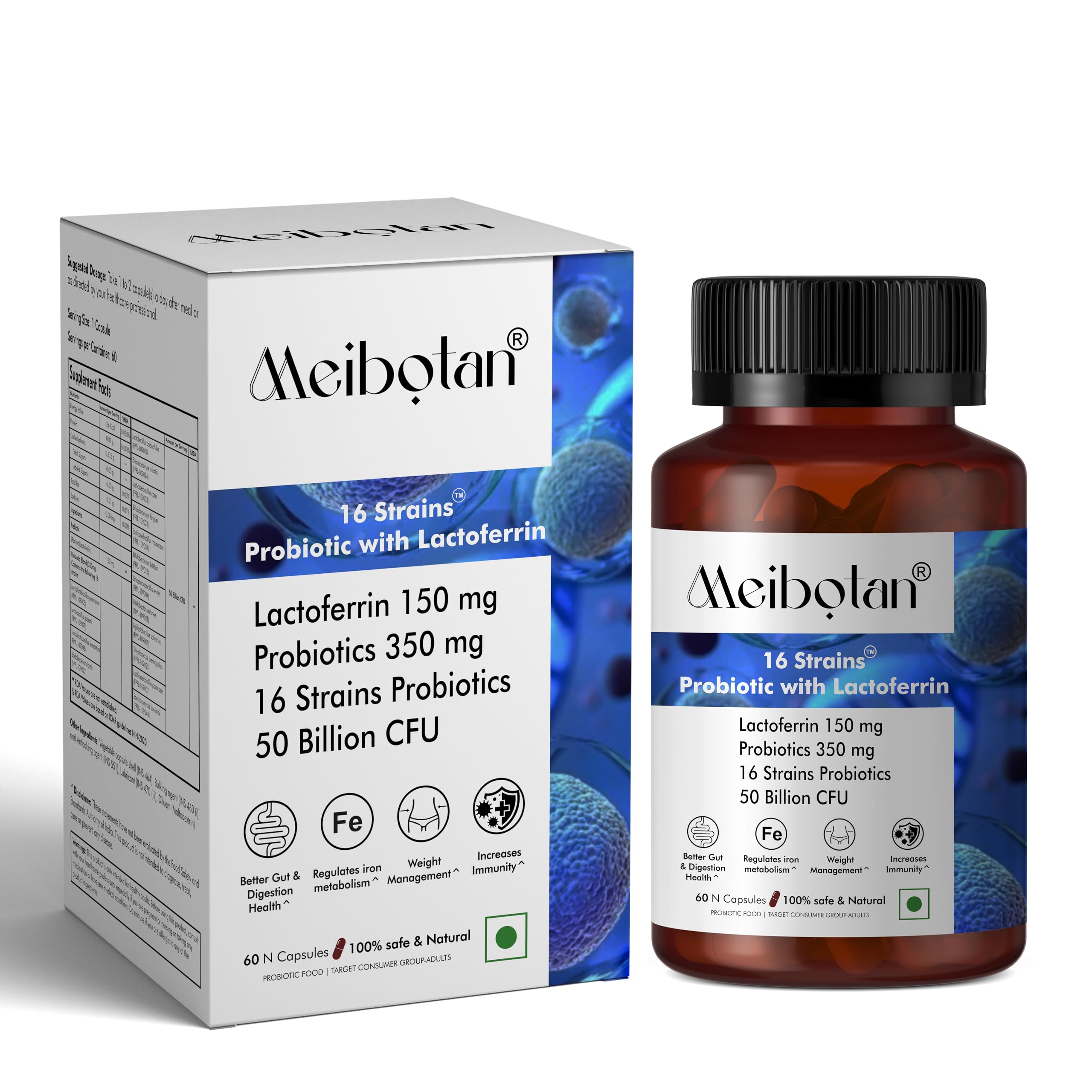 Meibotan Lactoferrin Supplement with Probiotics 50 Billion CFU For Men & Women with 16 Strains - Stimulates the Immune System, Regulates Iron Metabolism, Digestion, Immunity Support- 60 Veg Capsules