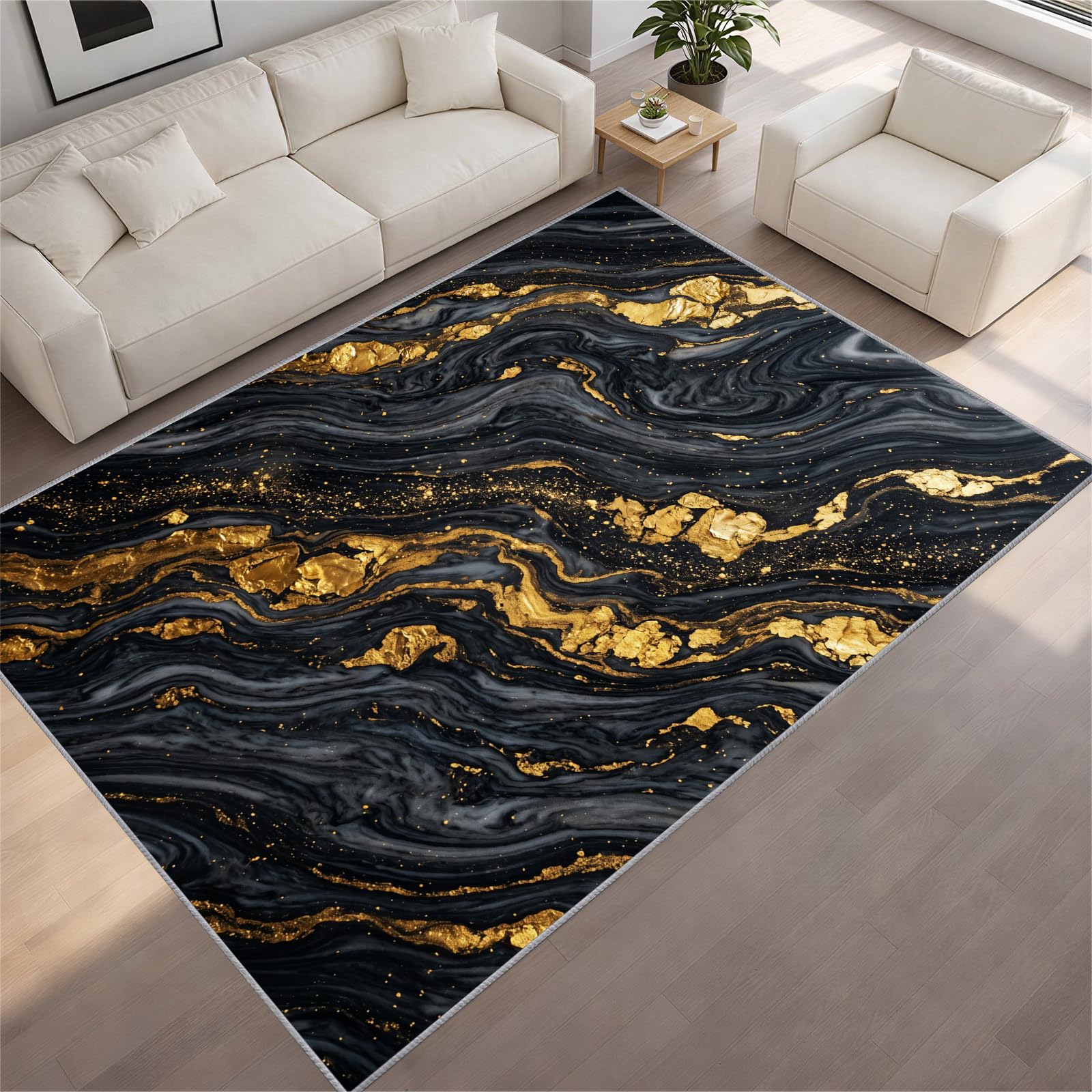 BEQUTIY Modern Black and Gold Living Room Rug 180 x 270 cm Abstract Marble Gold Foil Carpet Luxury Soft Short Pile Non-Slip Area Rug for Bedroom, Dining Room & Office