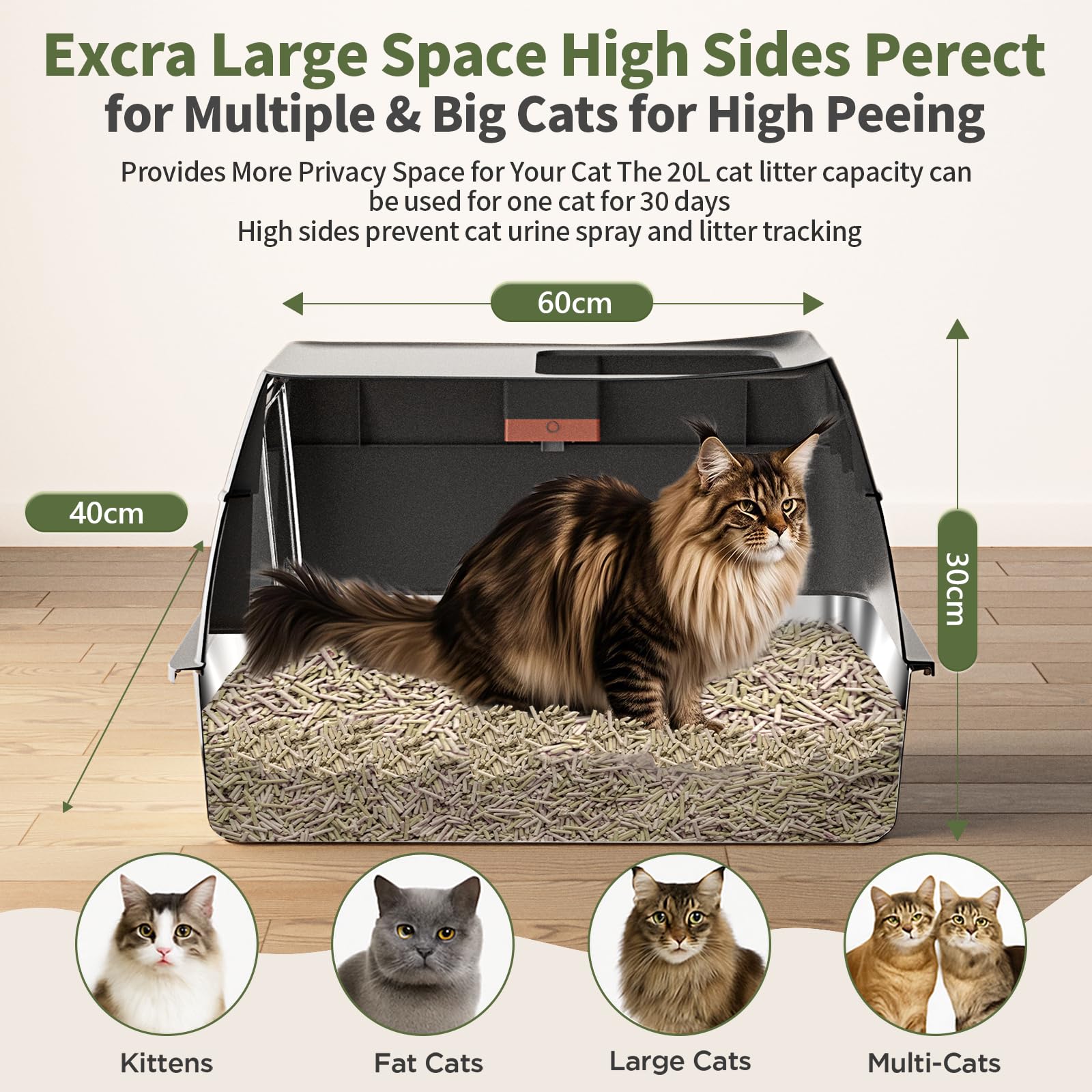 Gimars Lettiera in acciaio inossidabile con coperchio, lettiera rimovibile con recinzione a lati alti e paletta, nera