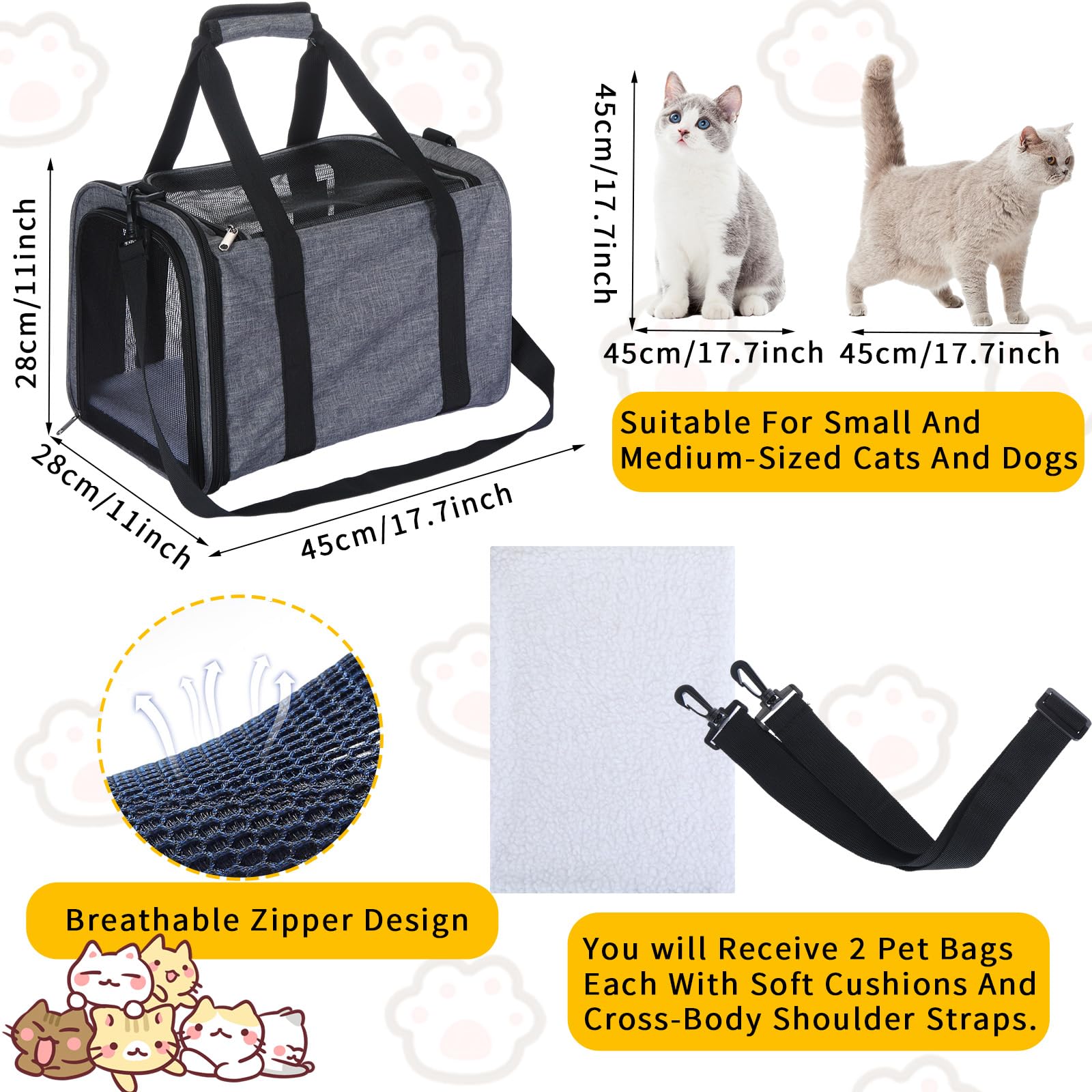 Aliceset 2 transportadores para gatos de lados suaves de 17 x 11 x 11 pulgadas, bolsa de transporte de mascotas aprobada por aerolíneas, plegable, suministros para gatitos pequeños, cachorros, viajes