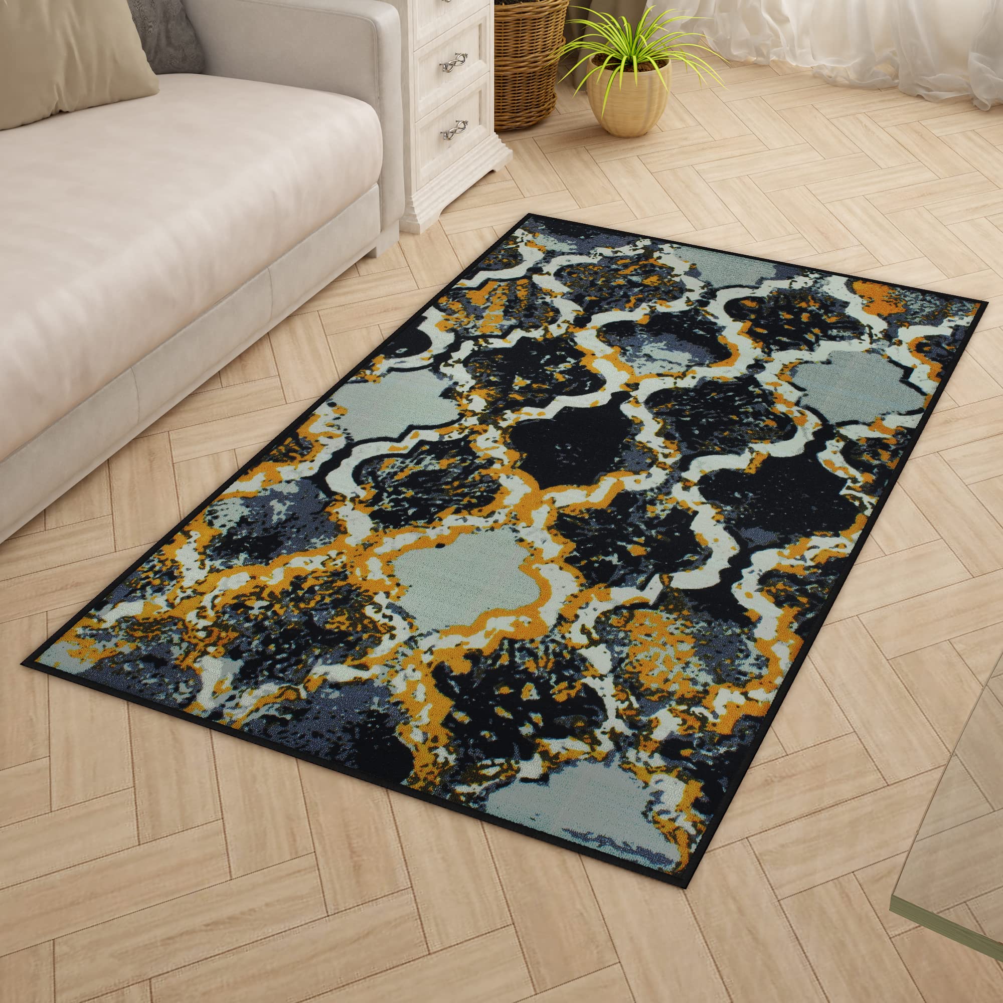Story@Home Carpet For Bedroom, Area Washable Rugs For Bedroom, Kitchen Rug Abstract Print (Grey And Yellow, 90 X 150 Cm)
