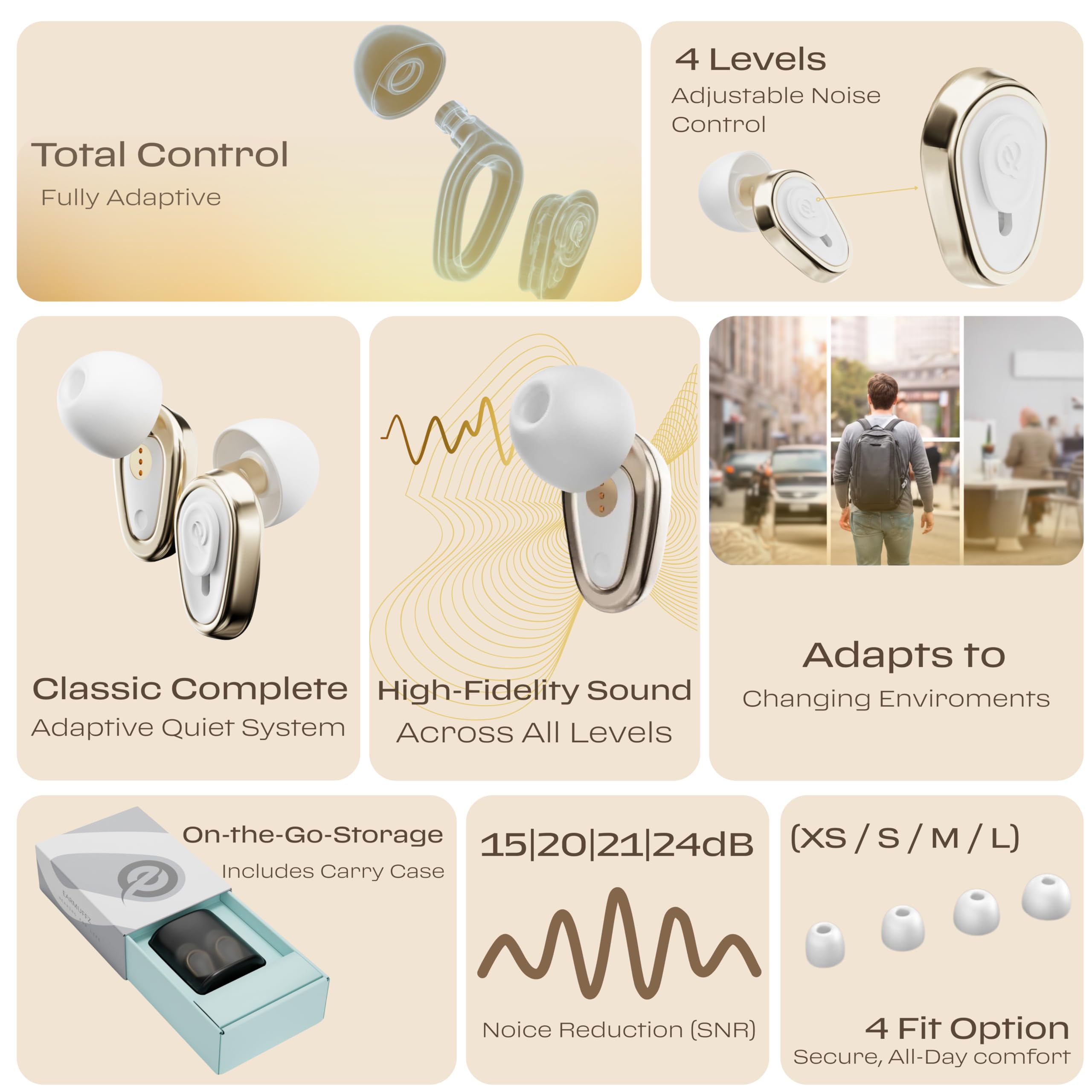 Tapones para los oídos ajustables con 15/20/21/24 dB de reducción de ruido multietapa | Tapones reutilizables para el trabajo, viajes, concentración y sensibilidad al ruido | Latón